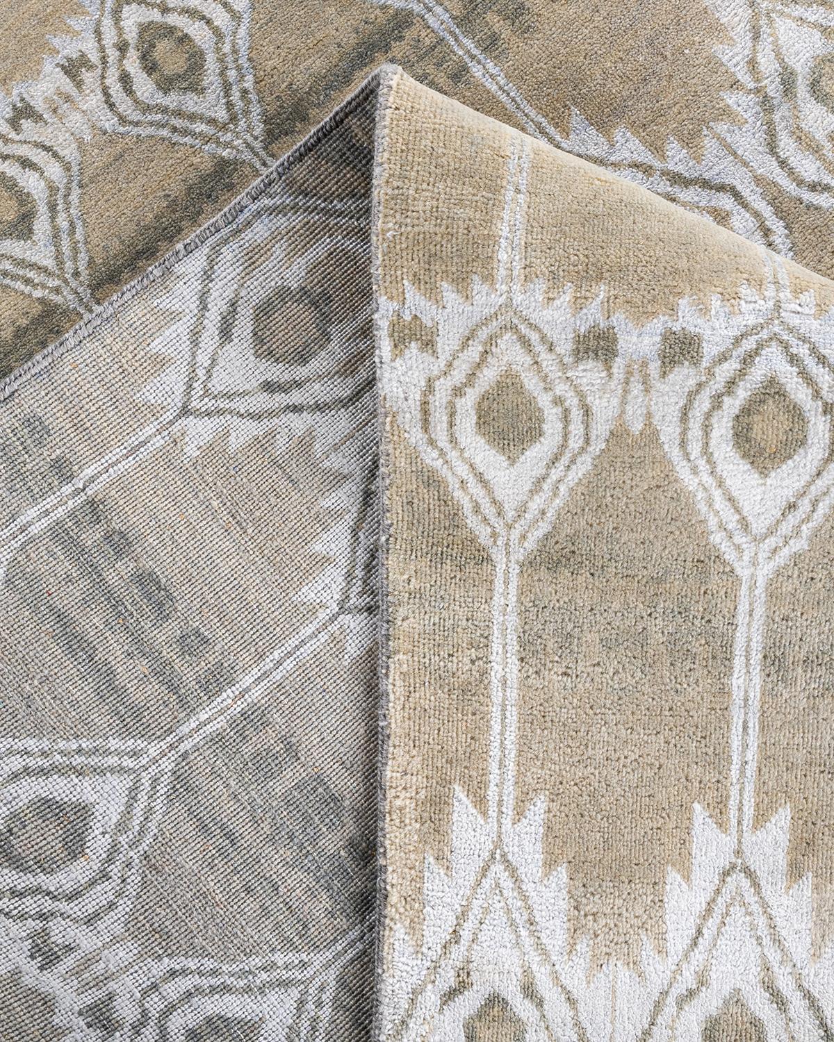 Contemporary Modern Hand Knotted Floral Silk & Wool Beige Area Rug 9' 2
