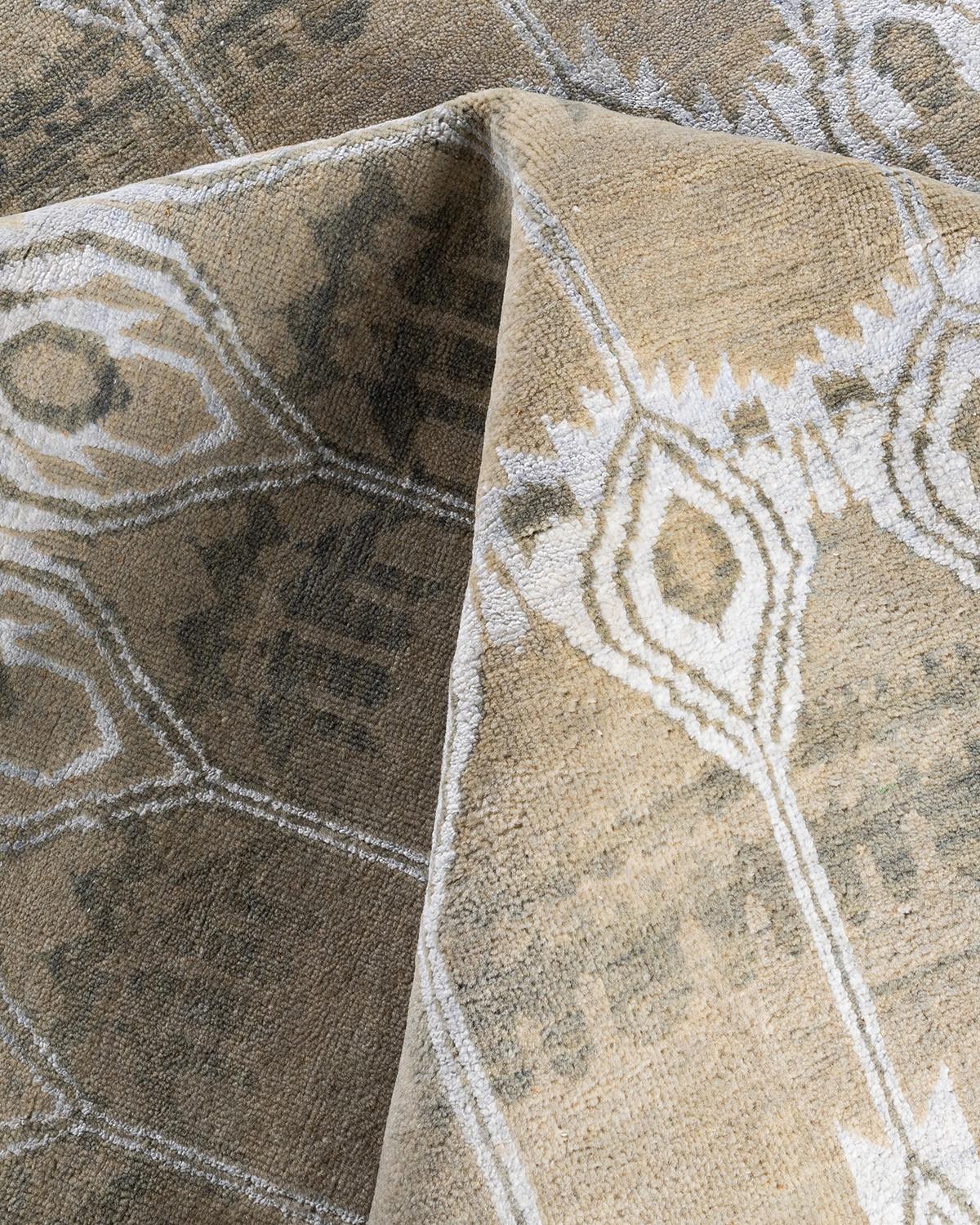 Contemporary Modern Hand Knotted Floral Silk & Wool Beige Area Rug 9' 2