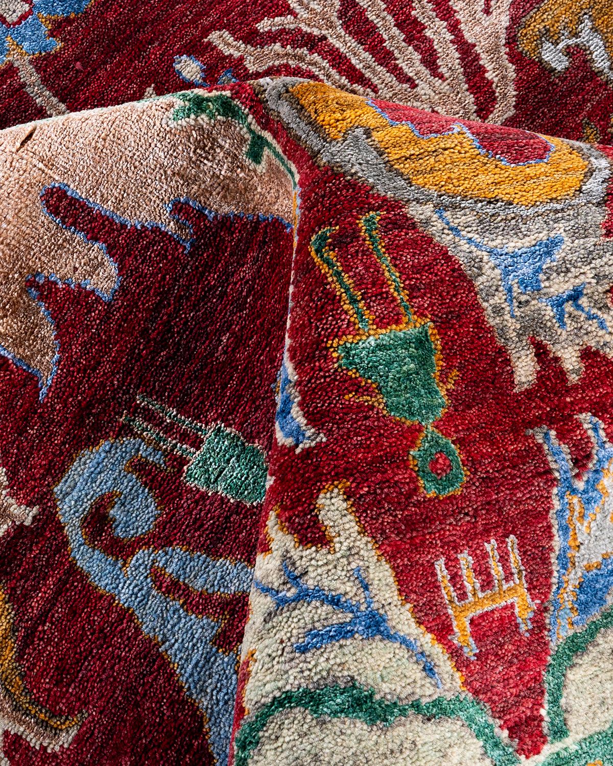Contemporary Modern Hand Knotted Floral Silk & Wool Red Area Rug 8' 1