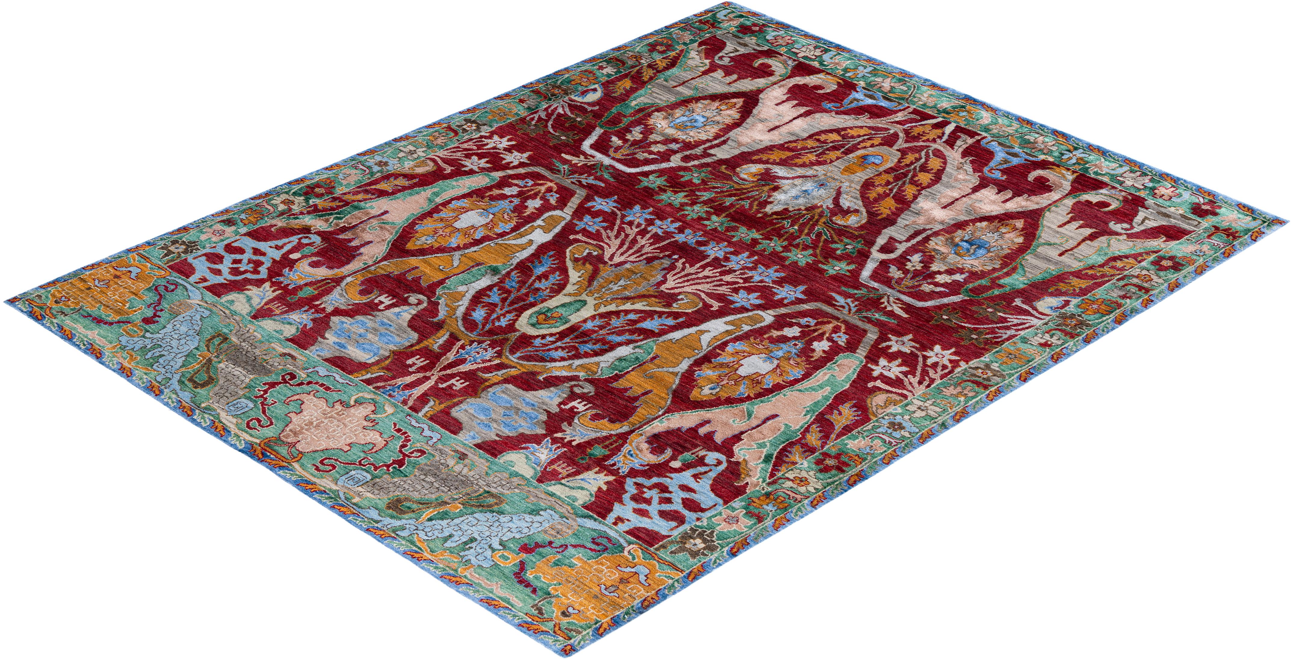 Contemporary Modern Hand Knotted Floral Silk & Wool Red Area Rug 8' 1