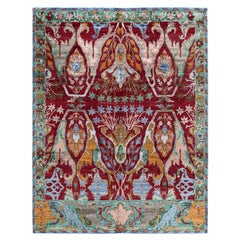 Contemporary Modern Hand Knotted Floral Silk & Wool Red Area Rug 8' 1" x 10' 1"