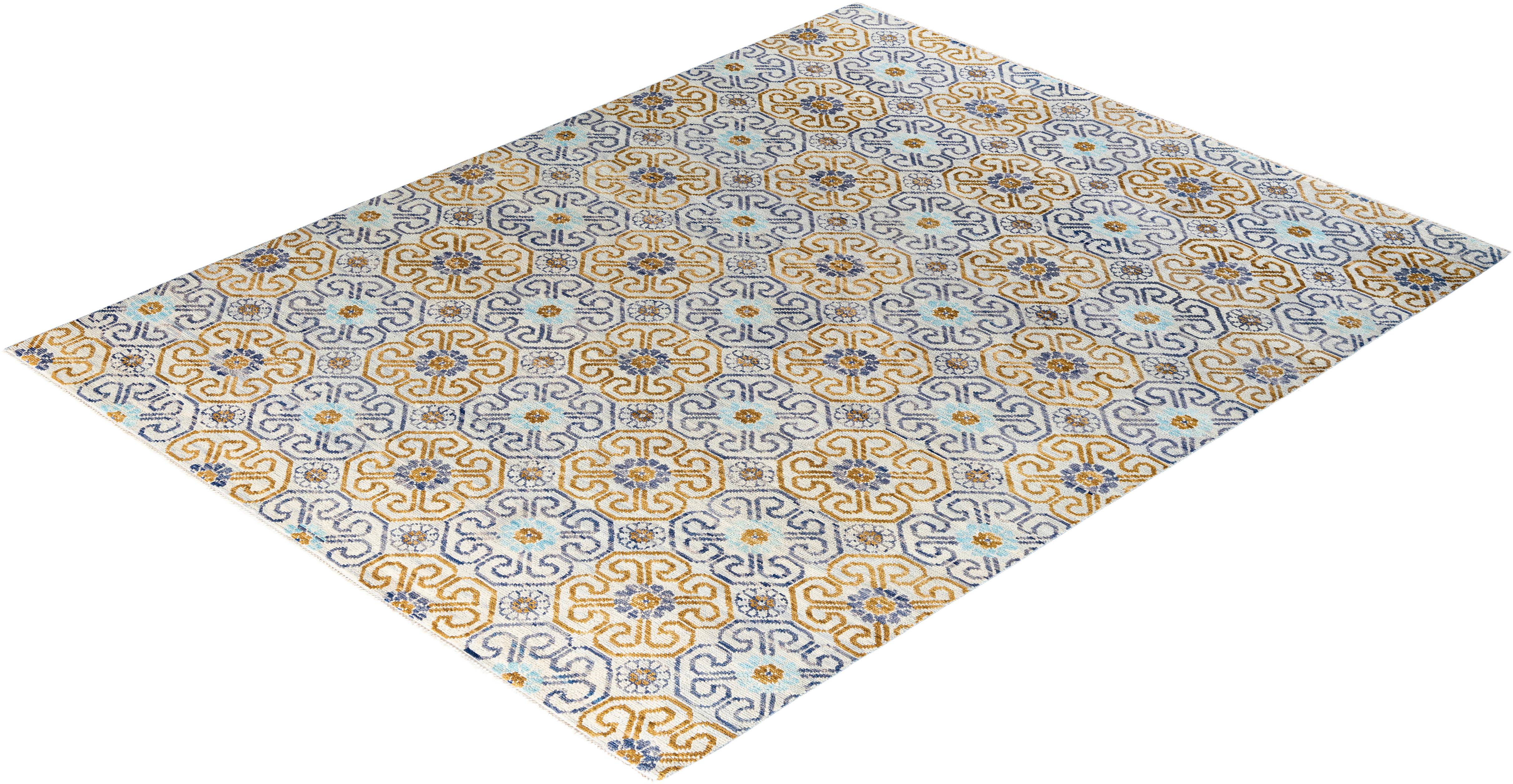 Contemporary Modern Hand Knotted Floral Wool Beige Area Rug 8' 2