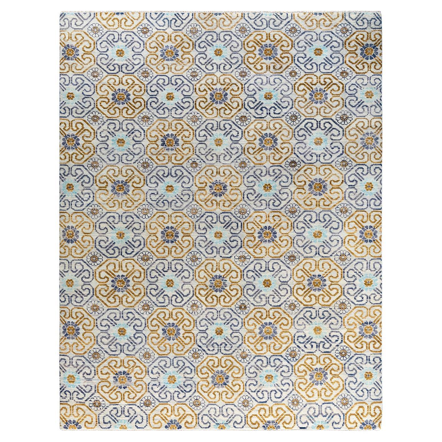 Contemporary Modern Hand Knotted Floral Wool Beige Area Rug 8' 2" x 10' 5"