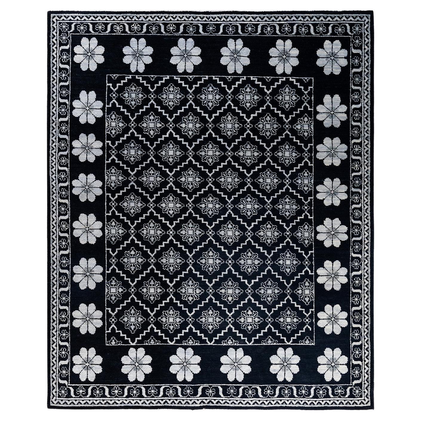 Contemporary Modern Hand Knotted Floral Wool Black Area Rug 8' 3" x 9' 10"
