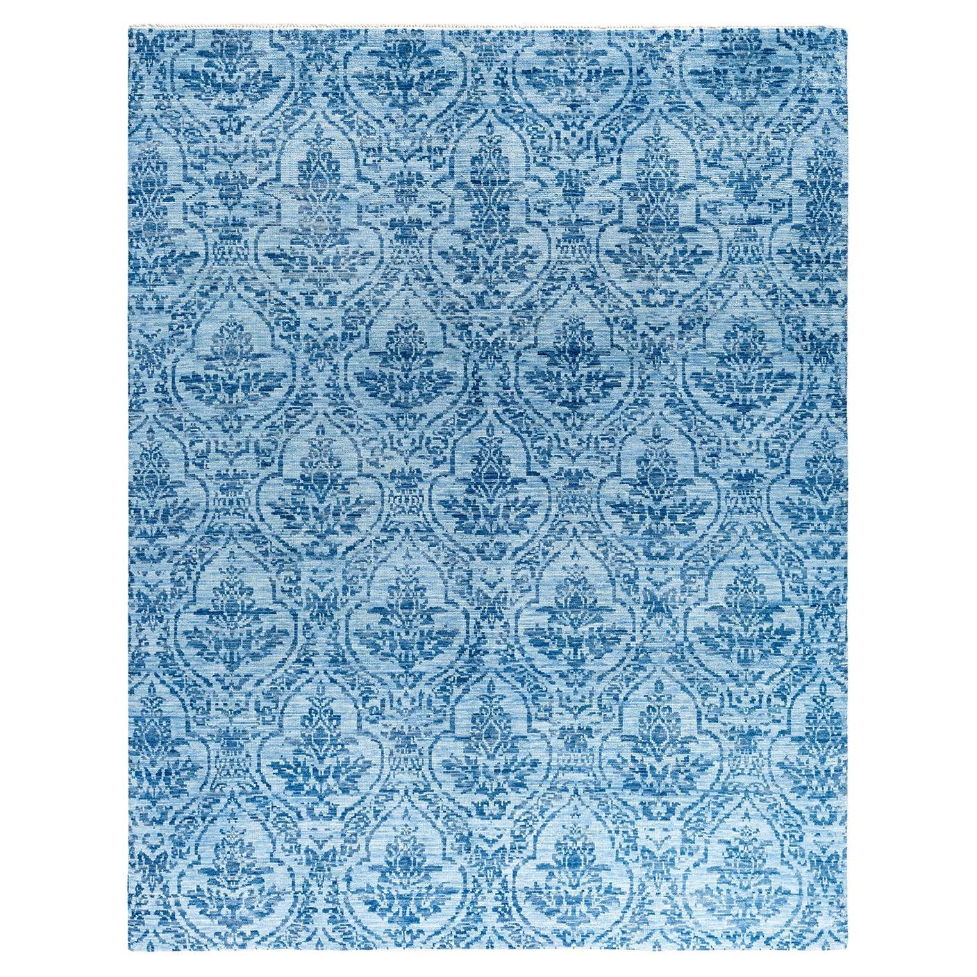 Contemporary Modern Hand Knotted Floral Wool Blue Area Rug 8' 1" x 10' 1"