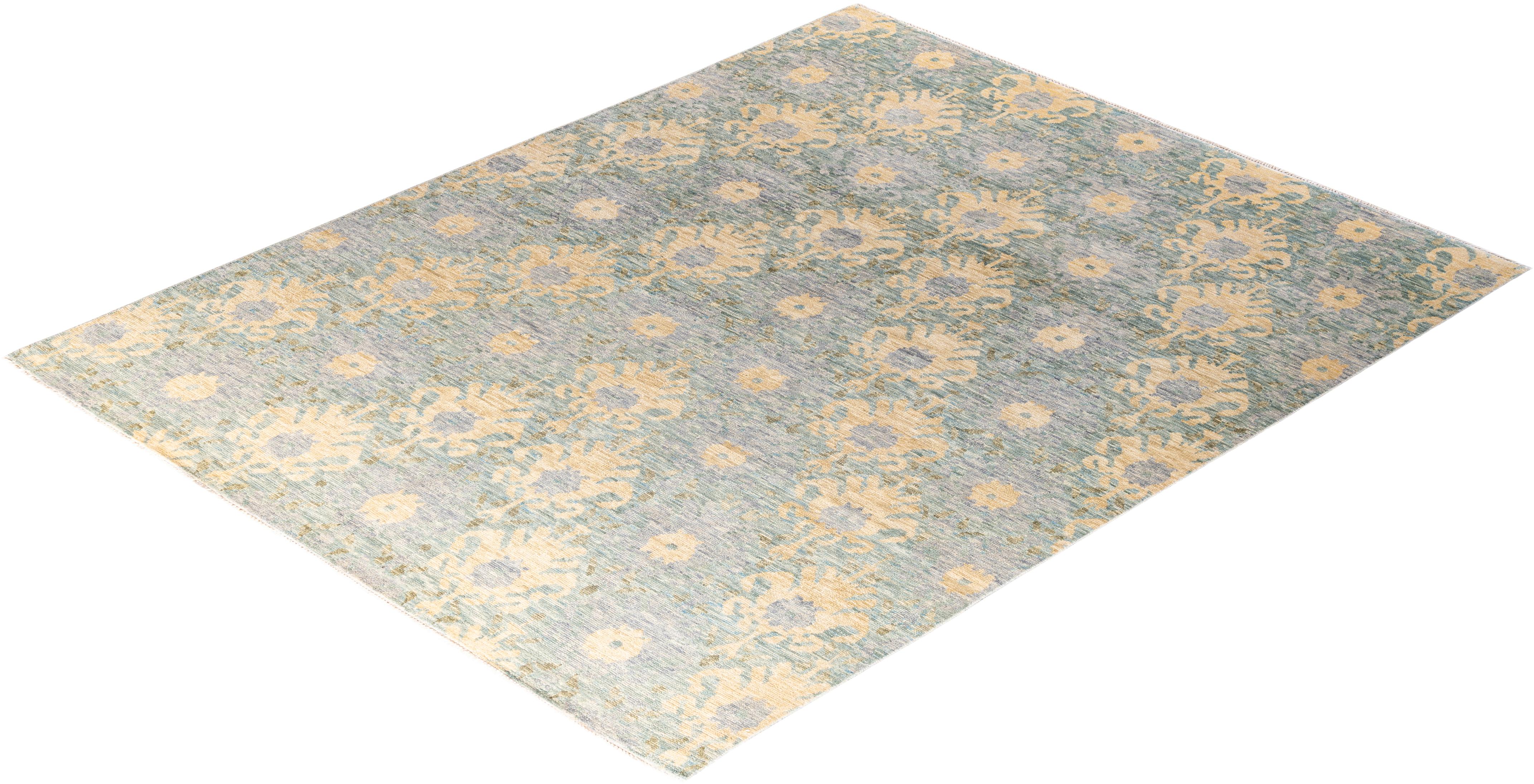 Alfombra moderna contemporánea de lana anudada a mano con motivos florales, gris 8' 2