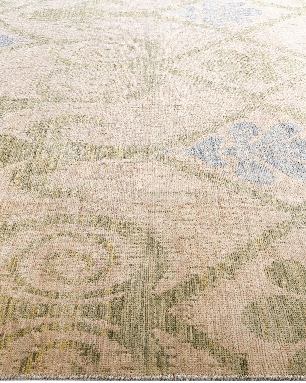 Contemporary Modern Hand Knotted Floral Wool Ivory Area Rug 7' 10