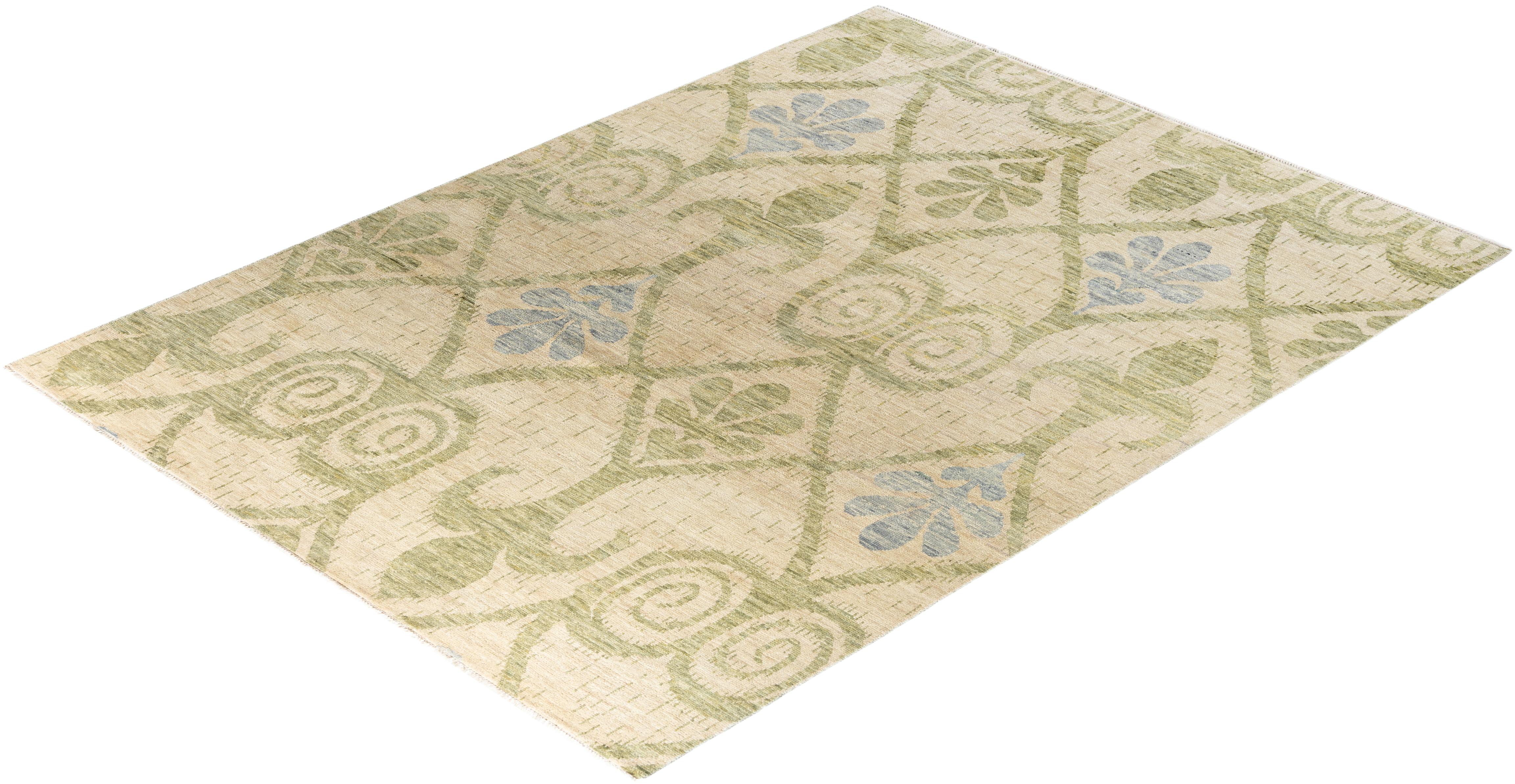 Contemporary Modern Hand Knotted Floral Wool Ivory Area Rug 7' 10
