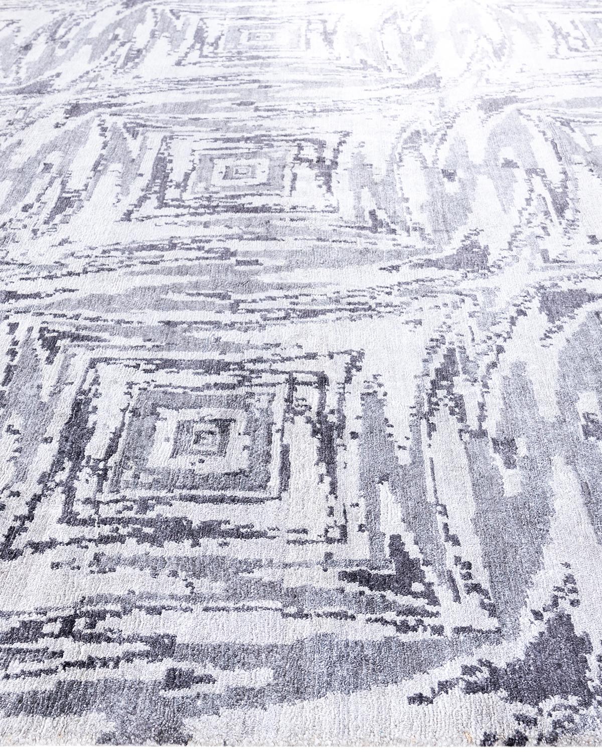 Annodato a mano Tappeto moderno e contemporaneo in seta geometrica annodata a mano di colore beige 9' 0
