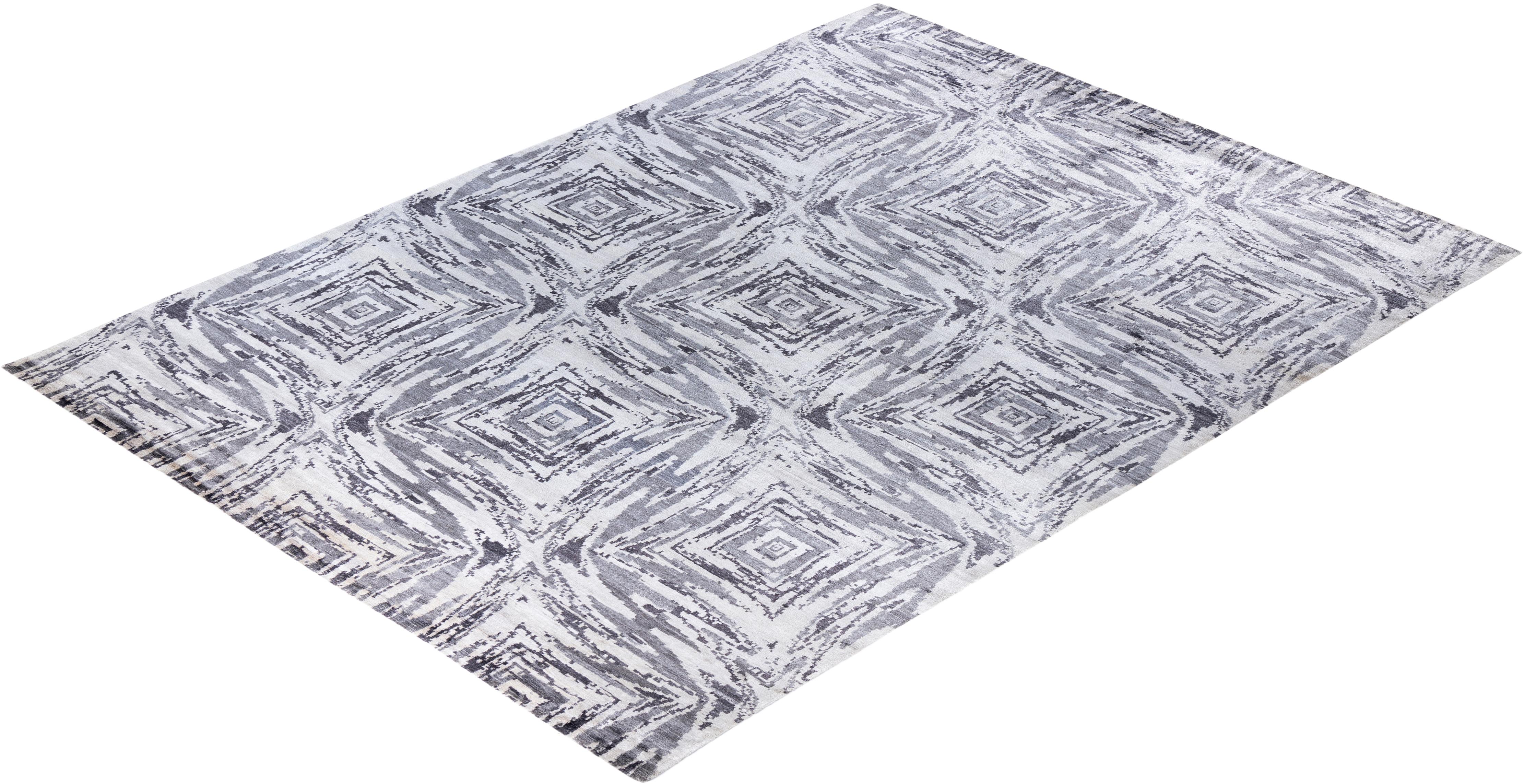 Tappeto moderno e contemporaneo in seta geometrica annodata a mano di colore beige 9' 0