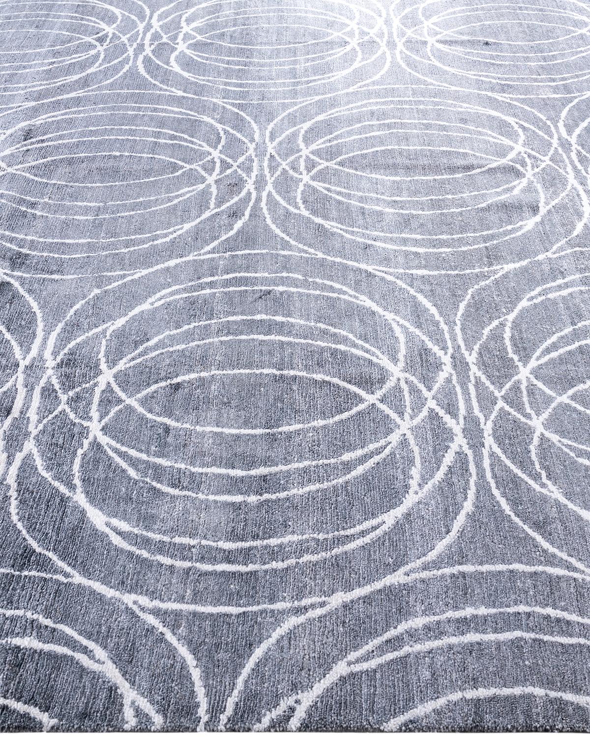 Annodato a mano Tappeto moderno e contemporaneo in seta geometrica grigio annodato a mano 8' 0
