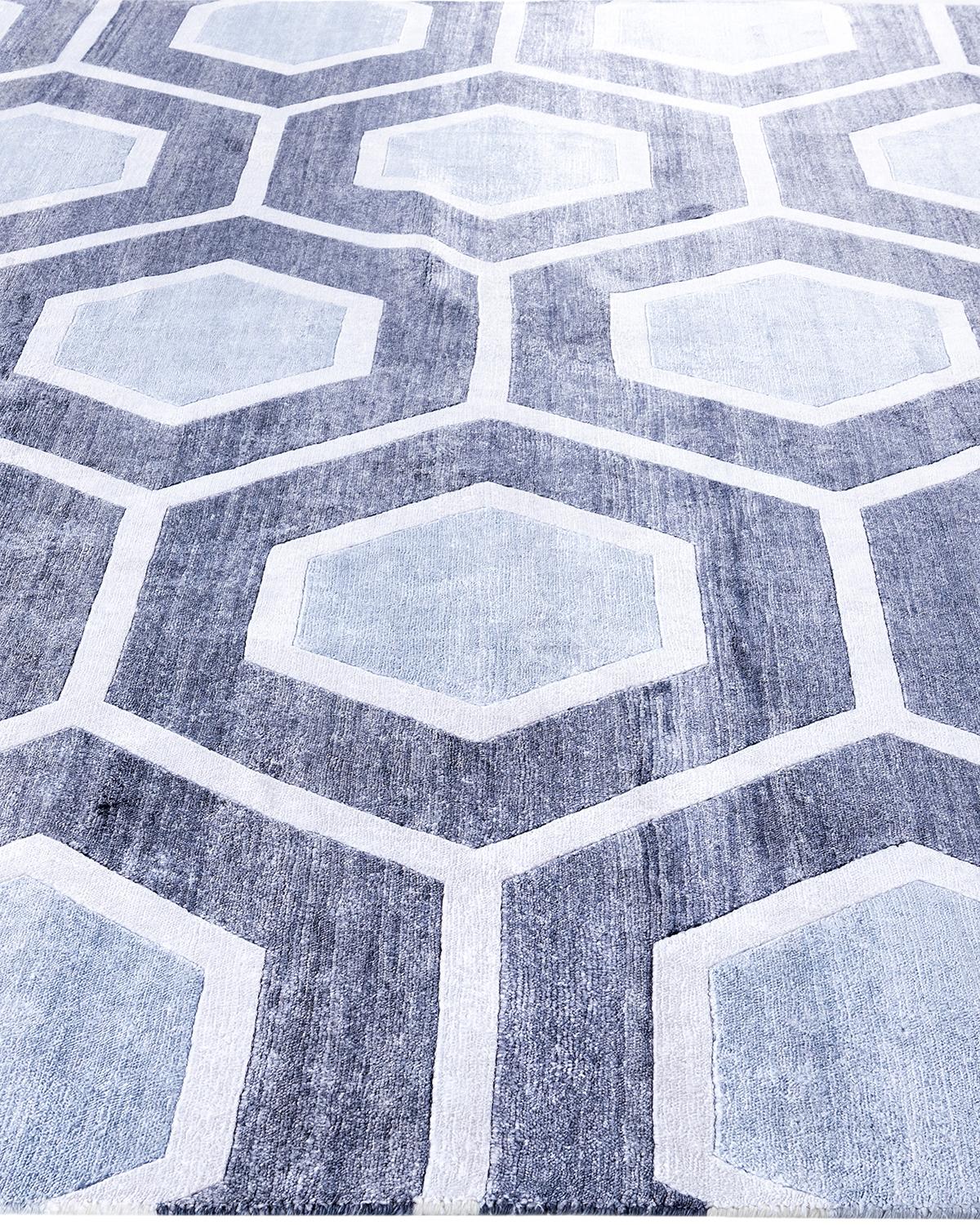 Annodato a mano Tappeto moderno e contemporaneo in seta geometrica grigio annodato a mano 8' 3
