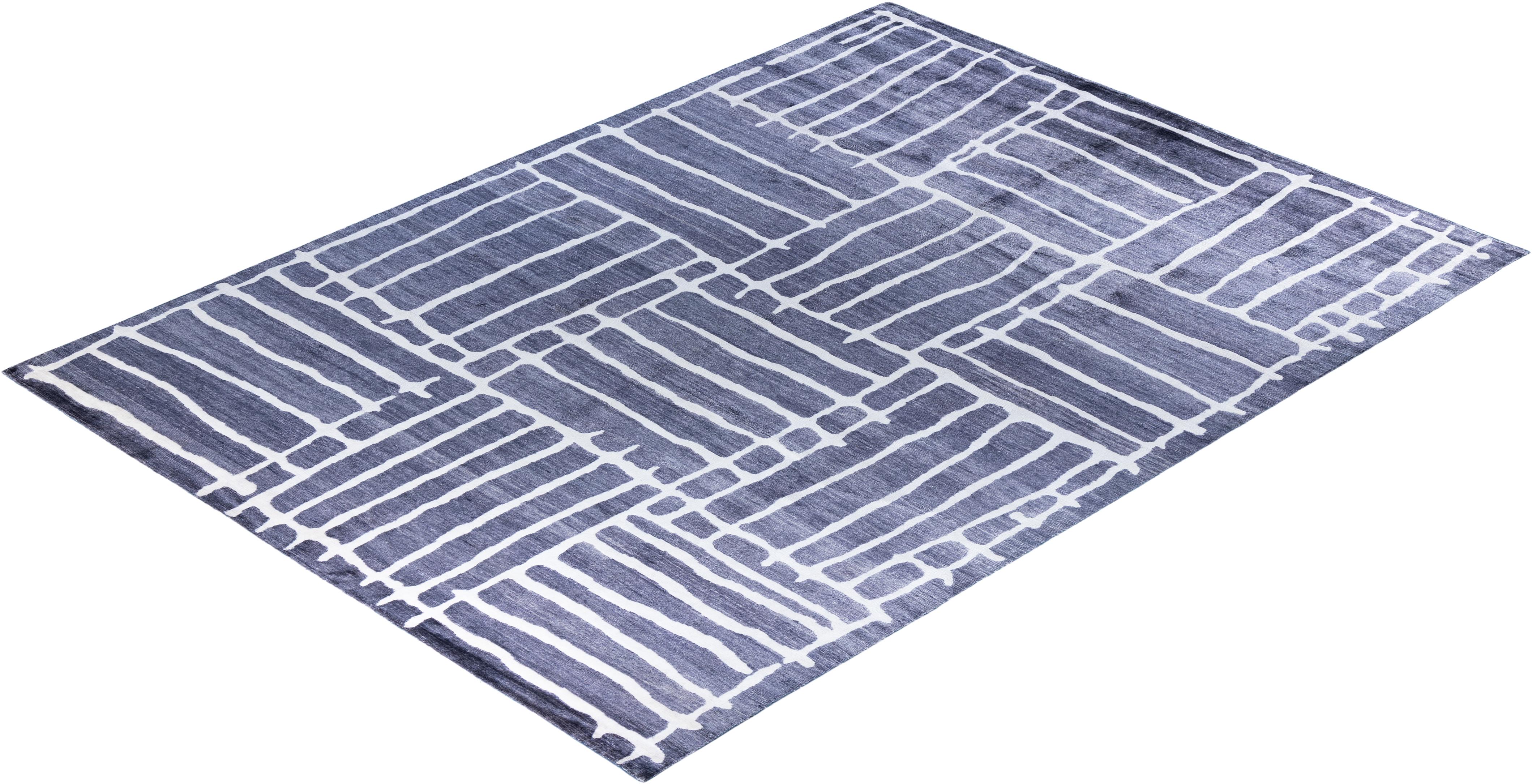 Tappeto moderno e contemporaneo in seta geometrica grigio annodato a mano 9' 1