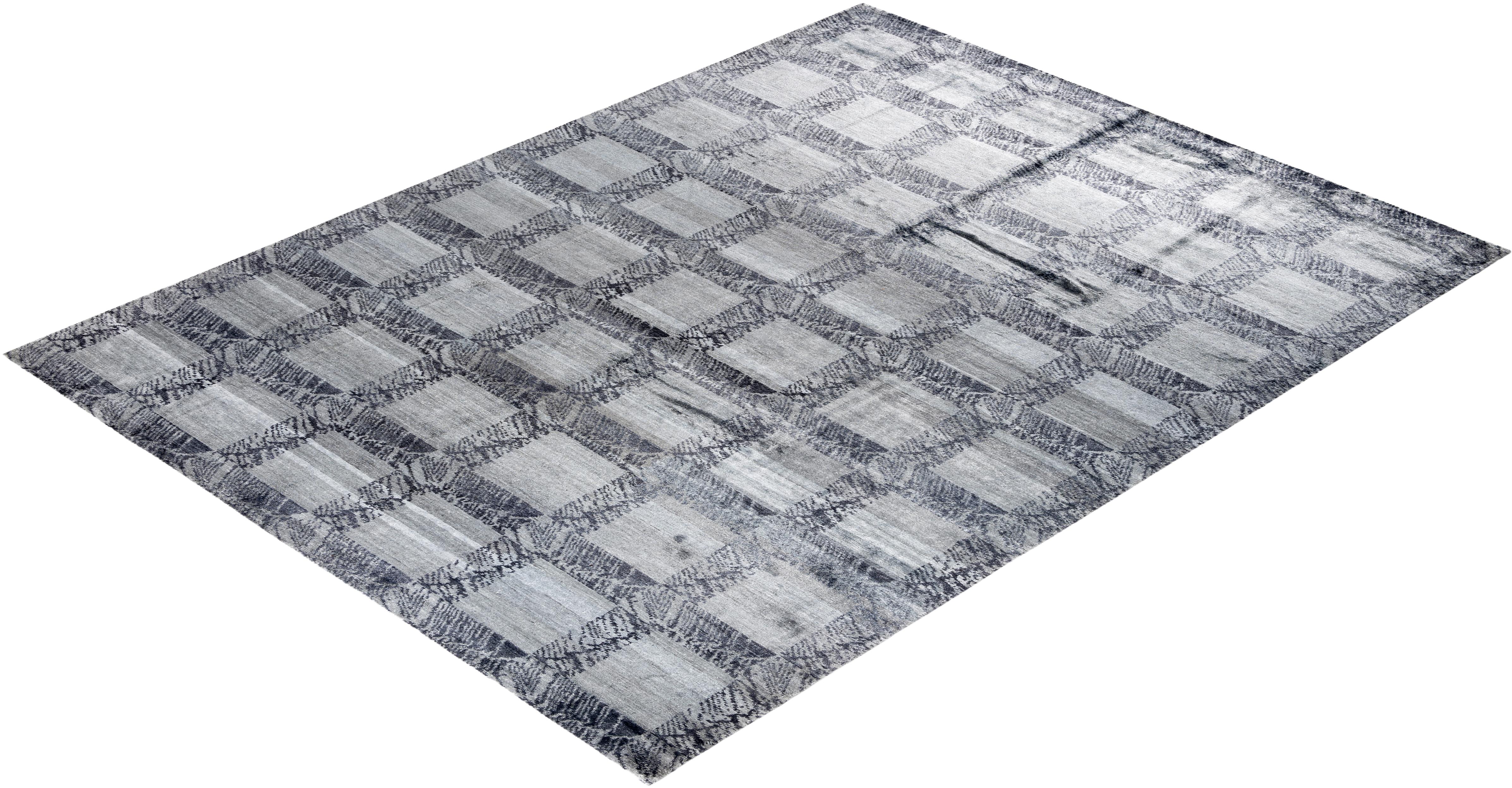 Tappeto moderno e contemporaneo in seta geometrica grigio annodato a mano 9' 2