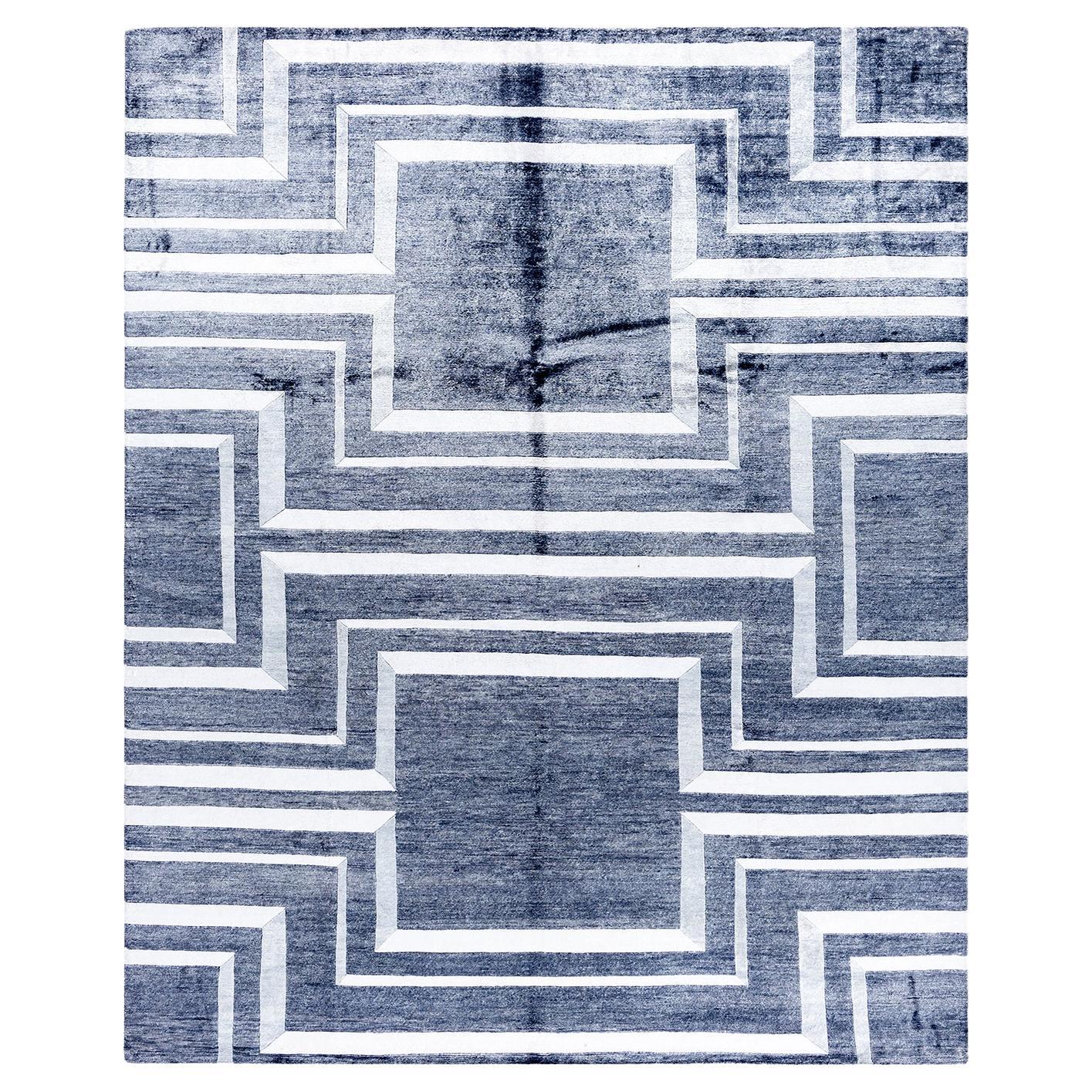 Tappeto moderno e contemporaneo in seta geometrica annodata a mano, color avorio, 8' 2" x 10' 0".