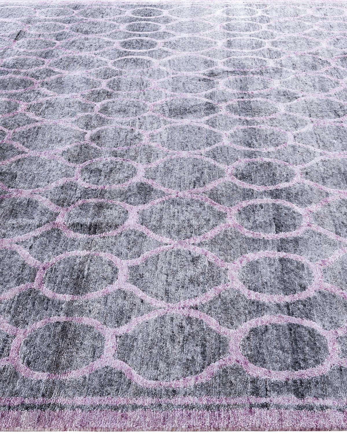 Annodato a mano Tappeto moderno e contemporaneo in seta geometrica annodata a mano di colore rosa 8' 2
