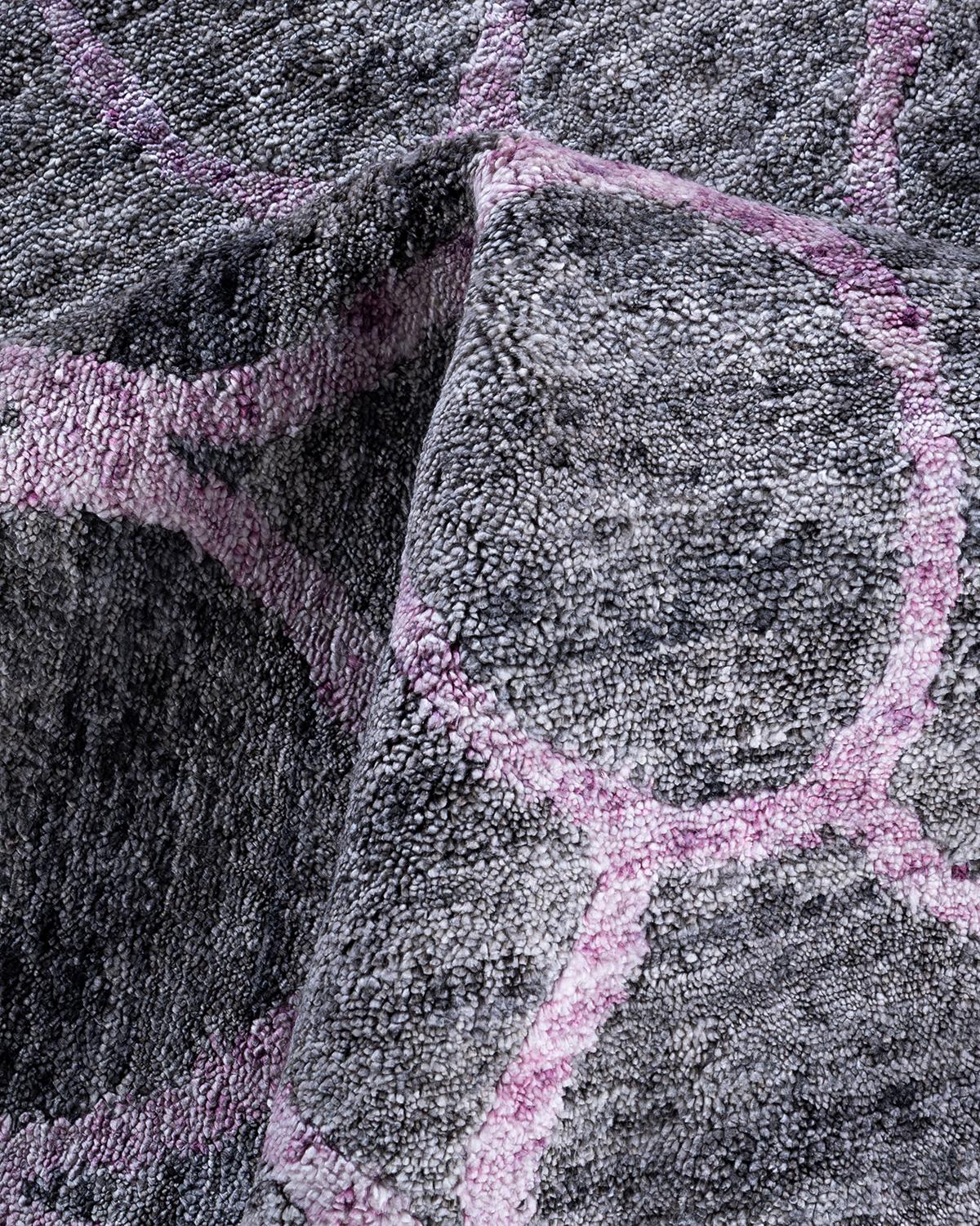 Seta Tappeto moderno e contemporaneo in seta geometrica annodata a mano di colore rosa 8' 2