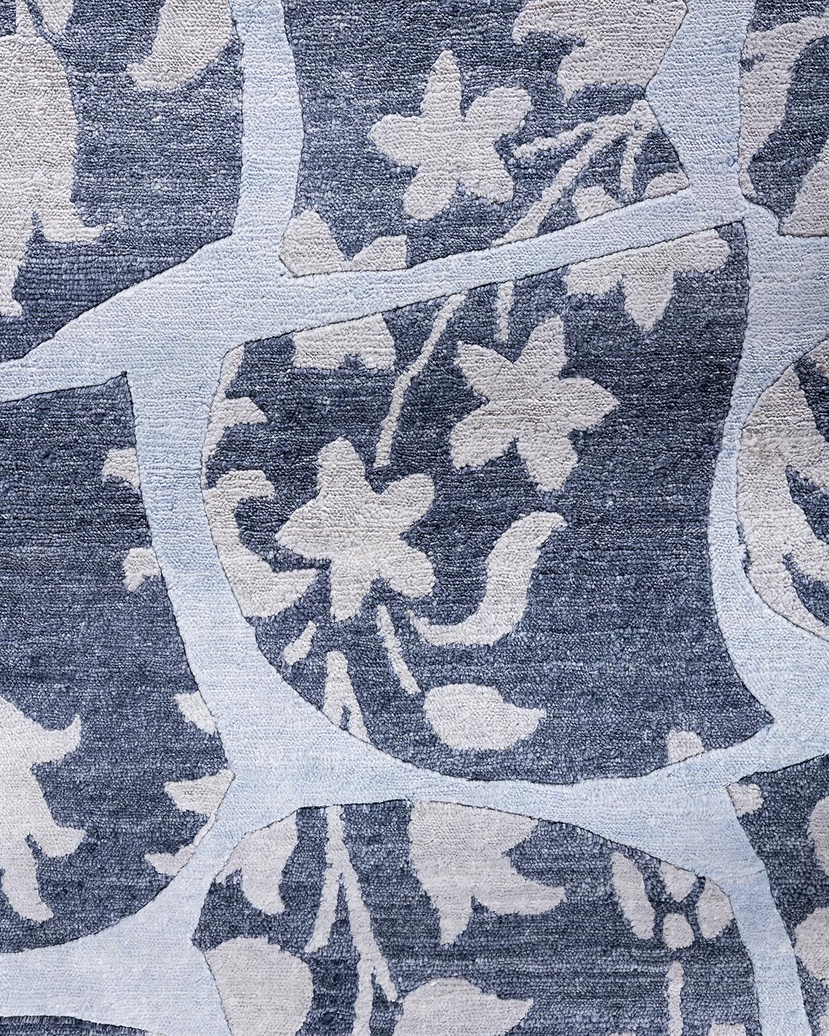 Indian Contemporary Modern Hand Knotted Geometric Silk White Area Rug 9' 0