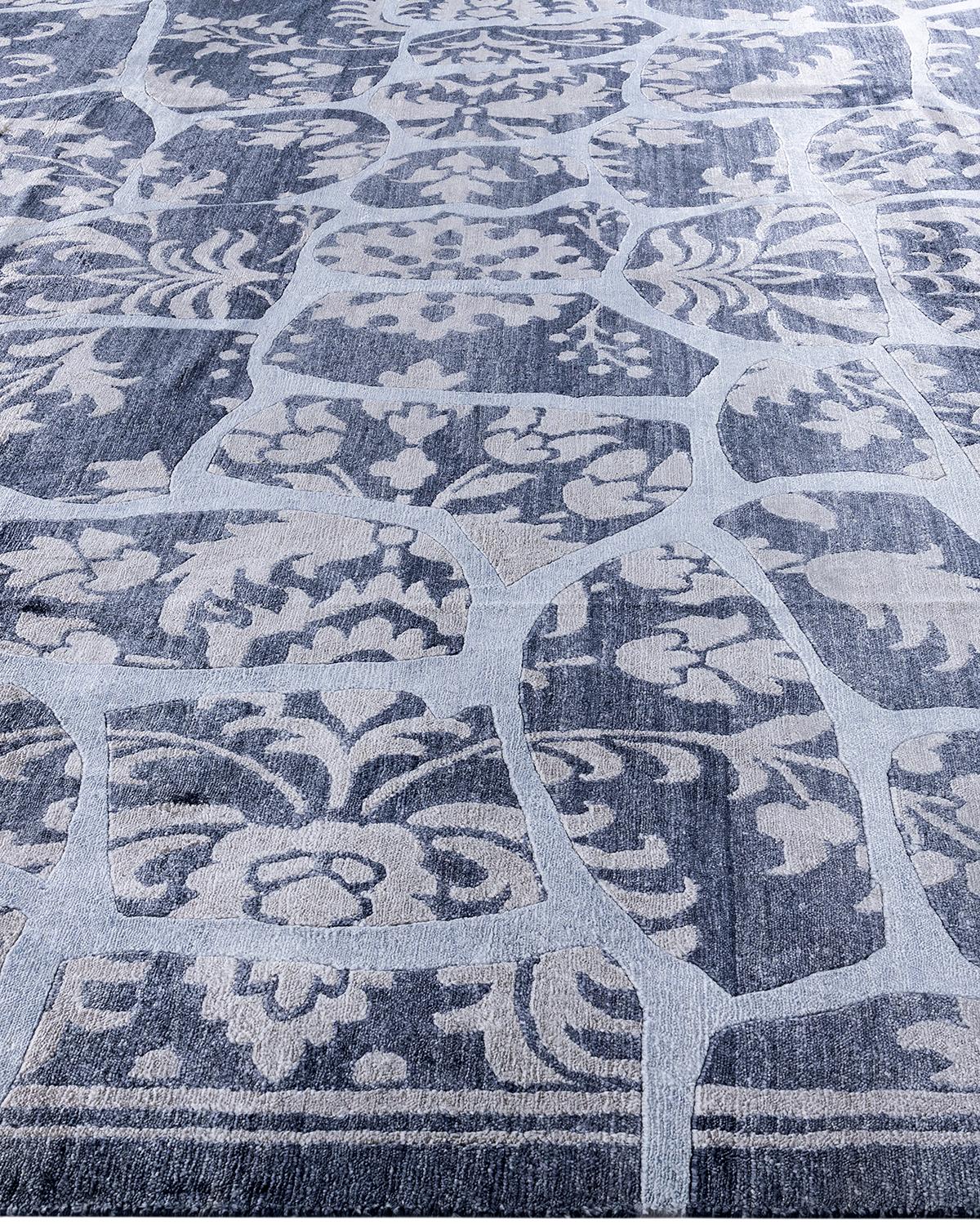 Hand-Knotted Contemporary Modern Hand Knotted Geometric Silk White Area Rug 9' 0