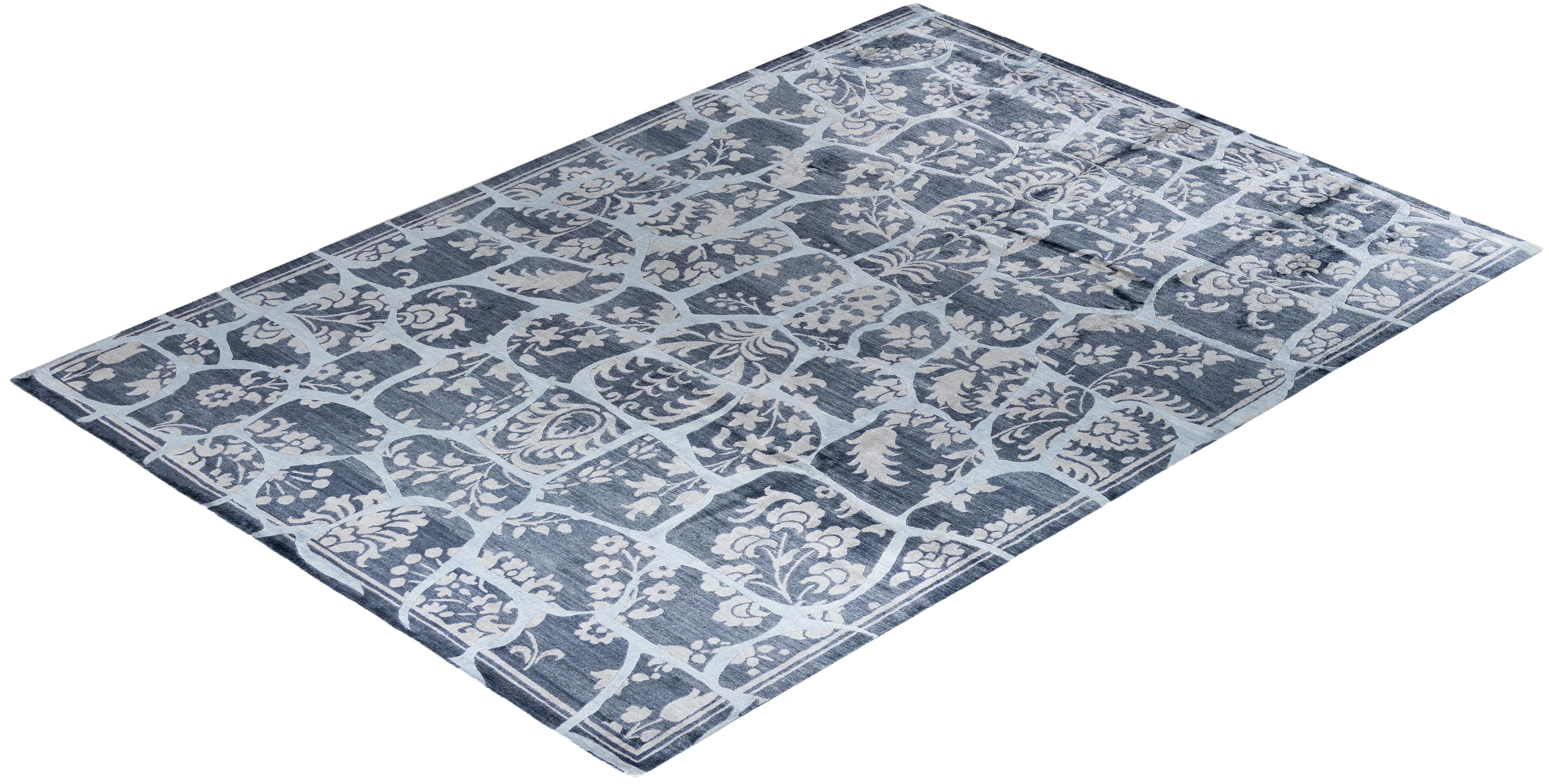 Contemporary Modern Hand Knotted Geometric Silk White Area Rug 9' 0