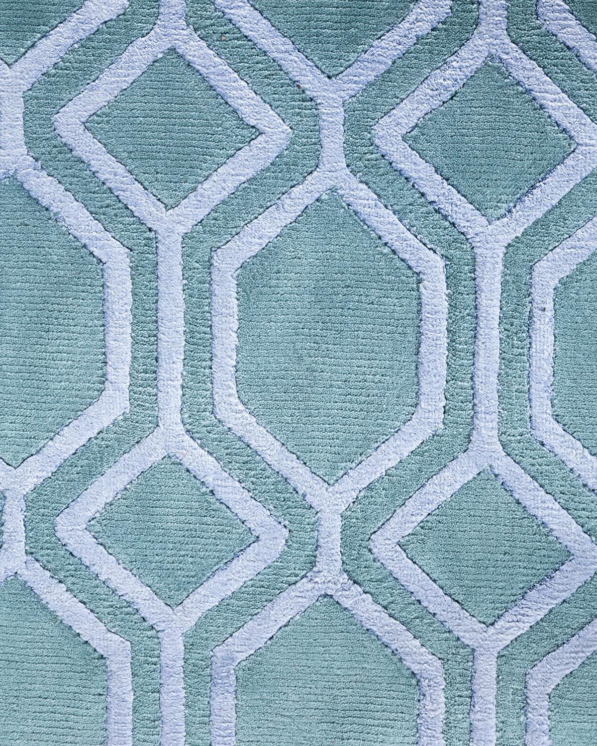 Indian Contemporary Modern Hand Knotted Geometric Silk & Wool Blue Area Rug 9'2
