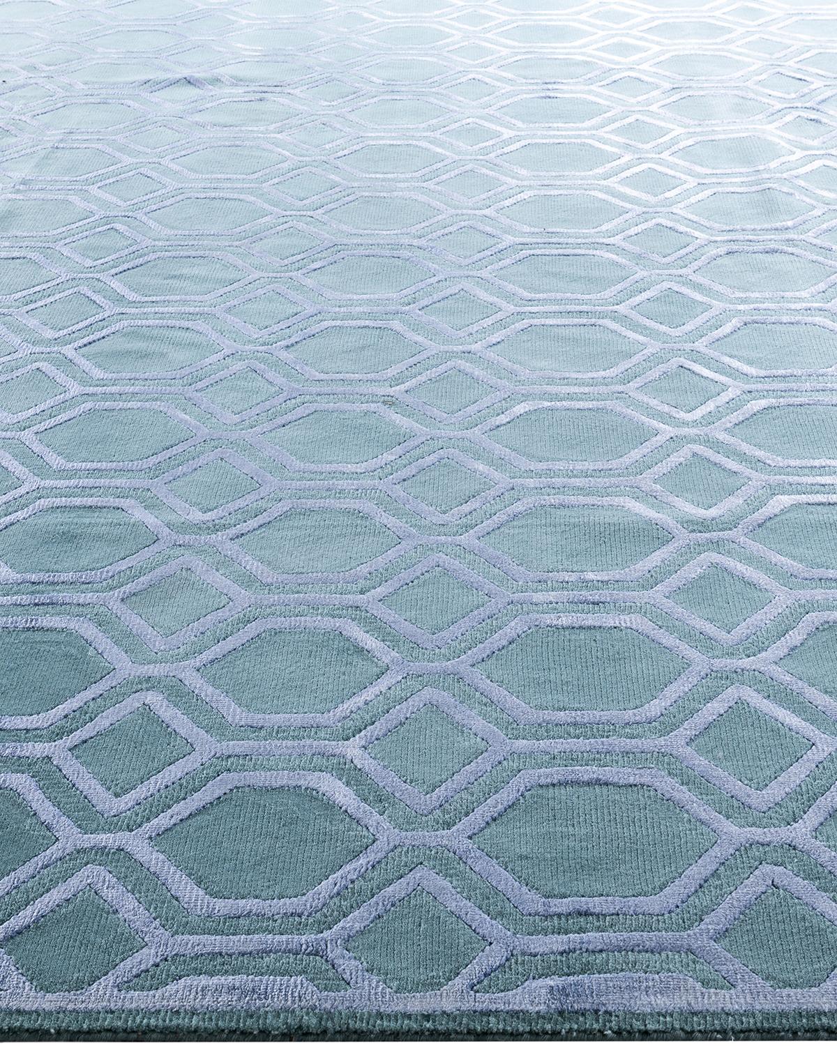 Hand-Knotted Contemporary Modern Hand Knotted Geometric Silk & Wool Blue Area Rug 9'2