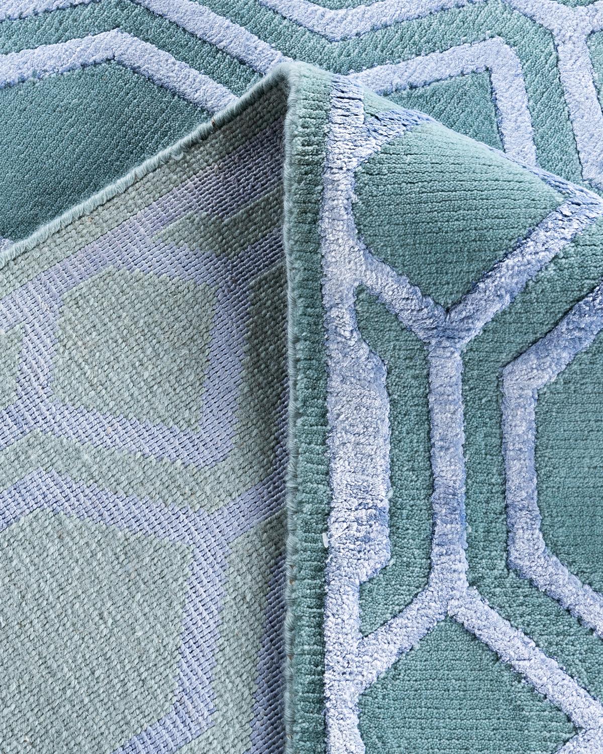 Contemporary Modern Hand Knotted Geometric Silk & Wool Blue Area Rug 9'2