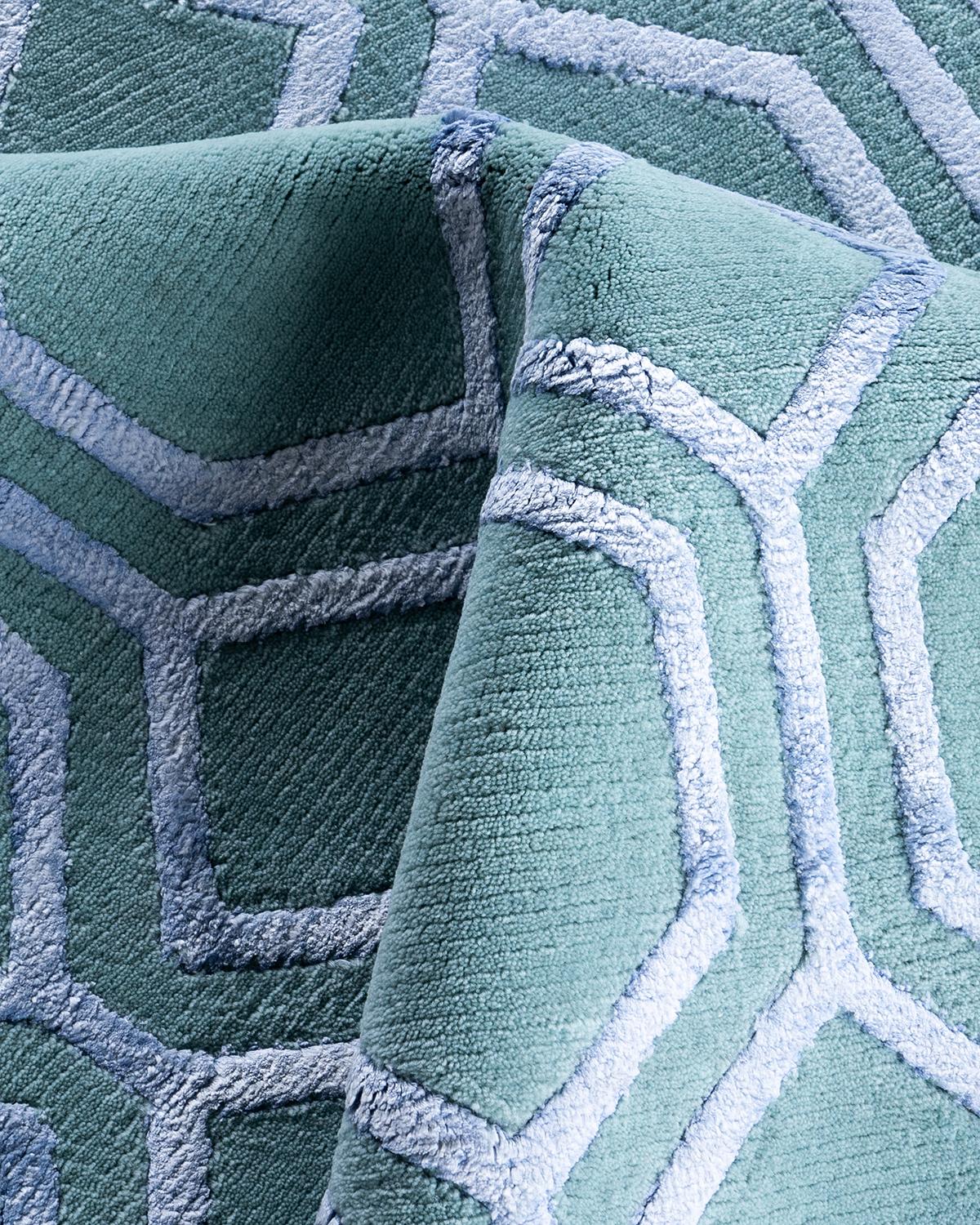 Contemporary Modern Hand Knotted Geometric Silk & Wool Blue Area Rug 9'2