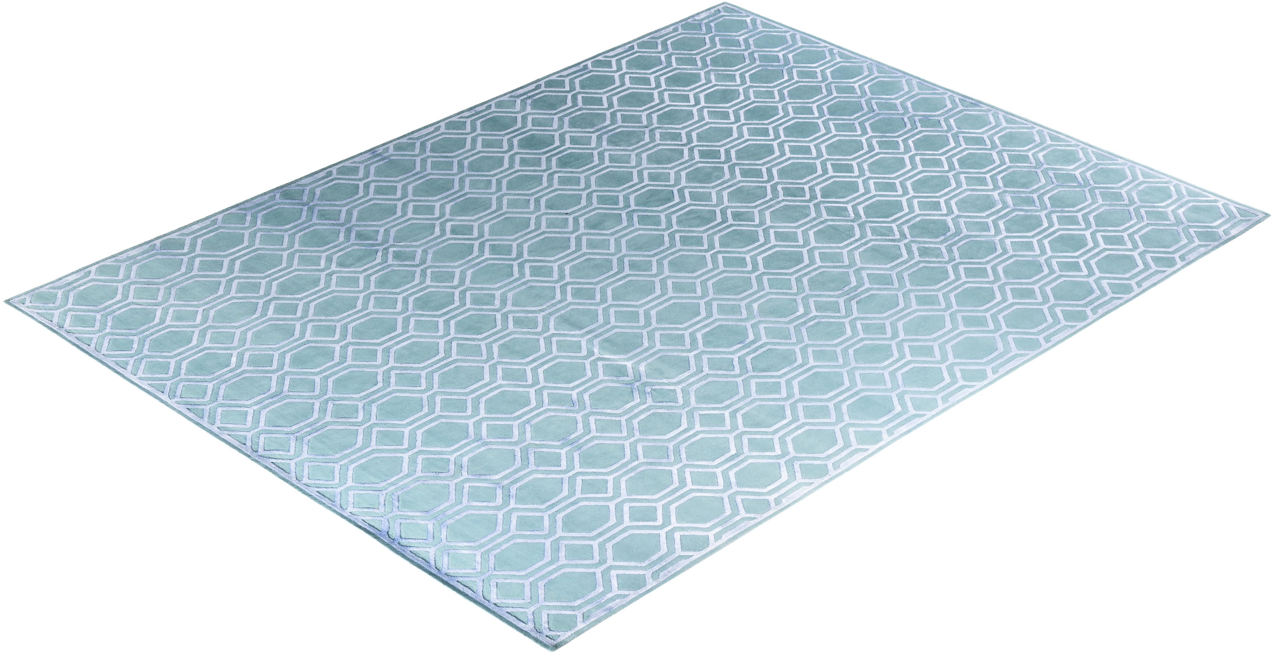 Contemporary Modern Hand Knotted Geometric Silk & Wool Blue Area Rug 9'2