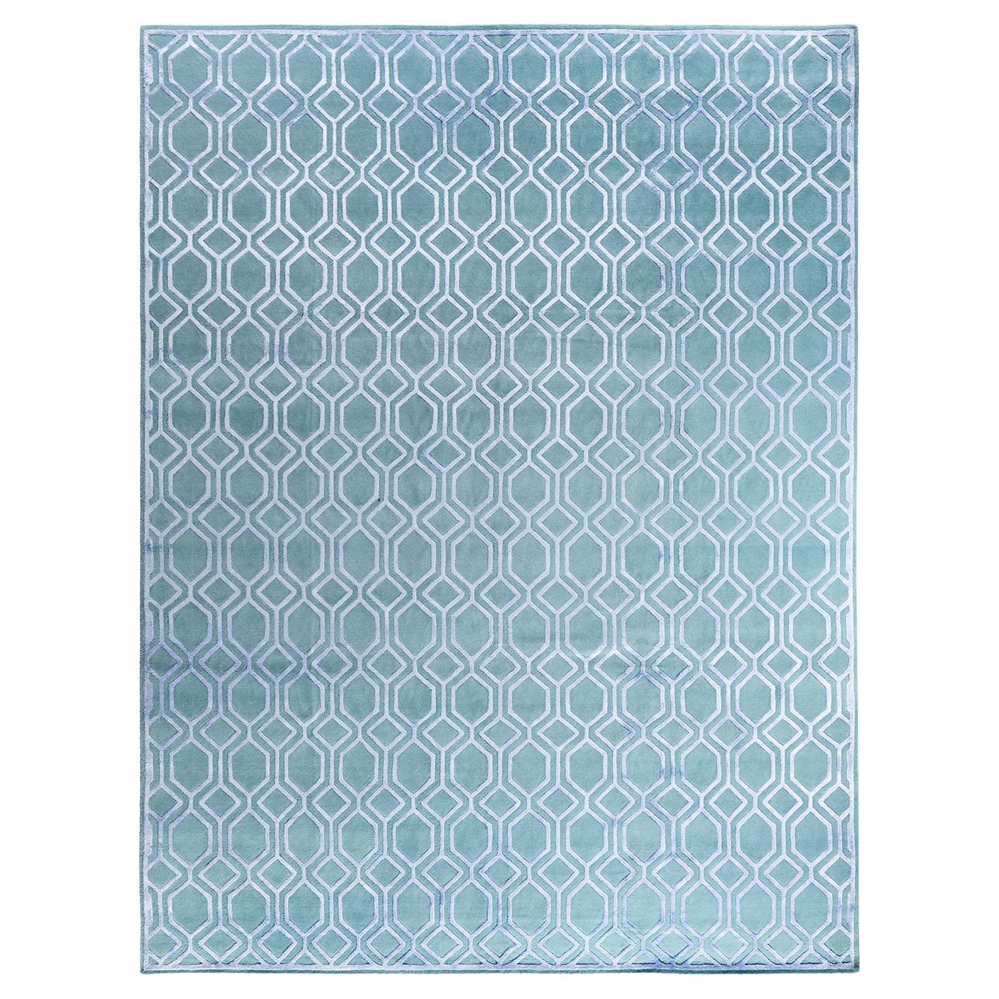 Contemporary Modern Hand Knotted Geometric Silk & Wool Blue Area Rug 9'2" x12'0" For Sale