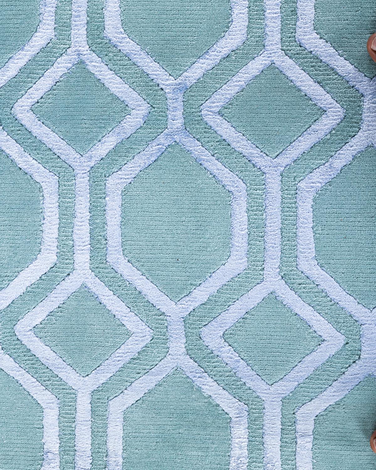 Indian Contemporary Modern Hand Knotted Geometric Silk & Wool Blue Area Rug 9'3