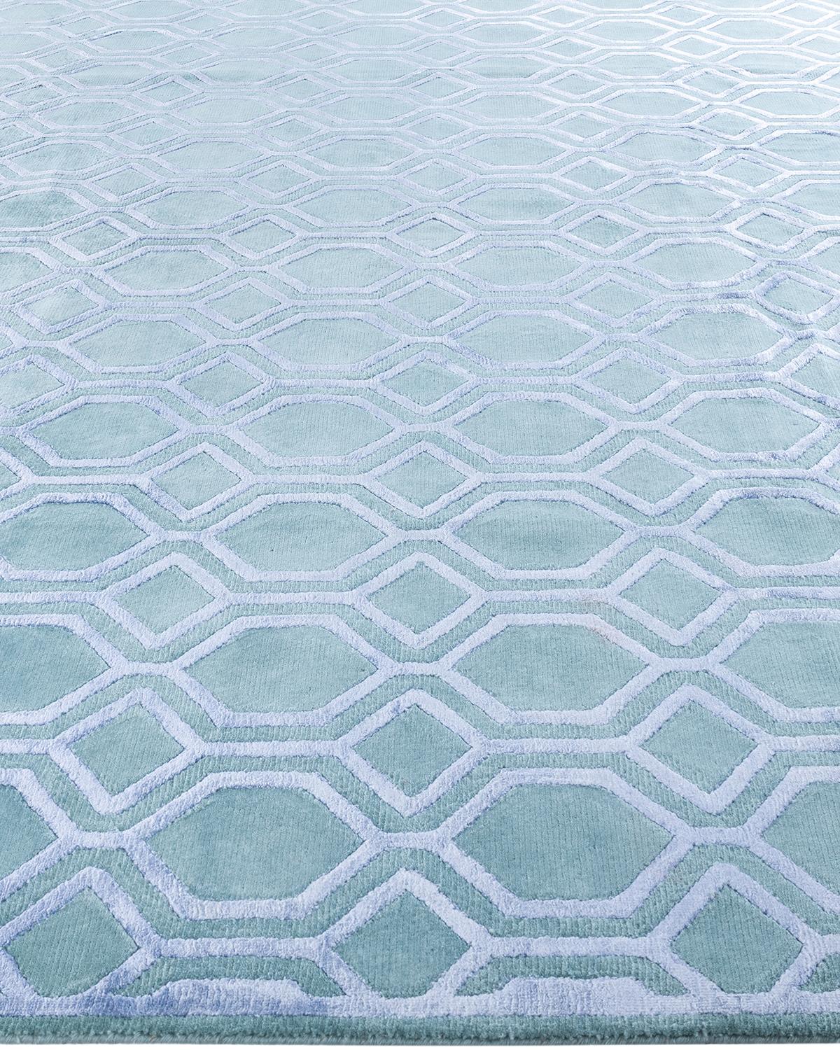 Hand-Knotted Contemporary Modern Hand Knotted Geometric Silk & Wool Blue Area Rug 9'3