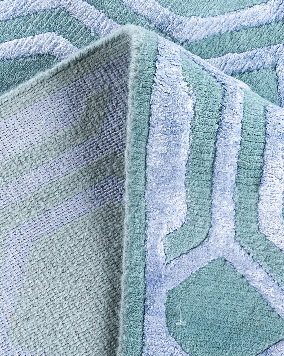 Contemporary Modern Hand Knotted Geometric Silk & Wool Blue Area Rug 9'3