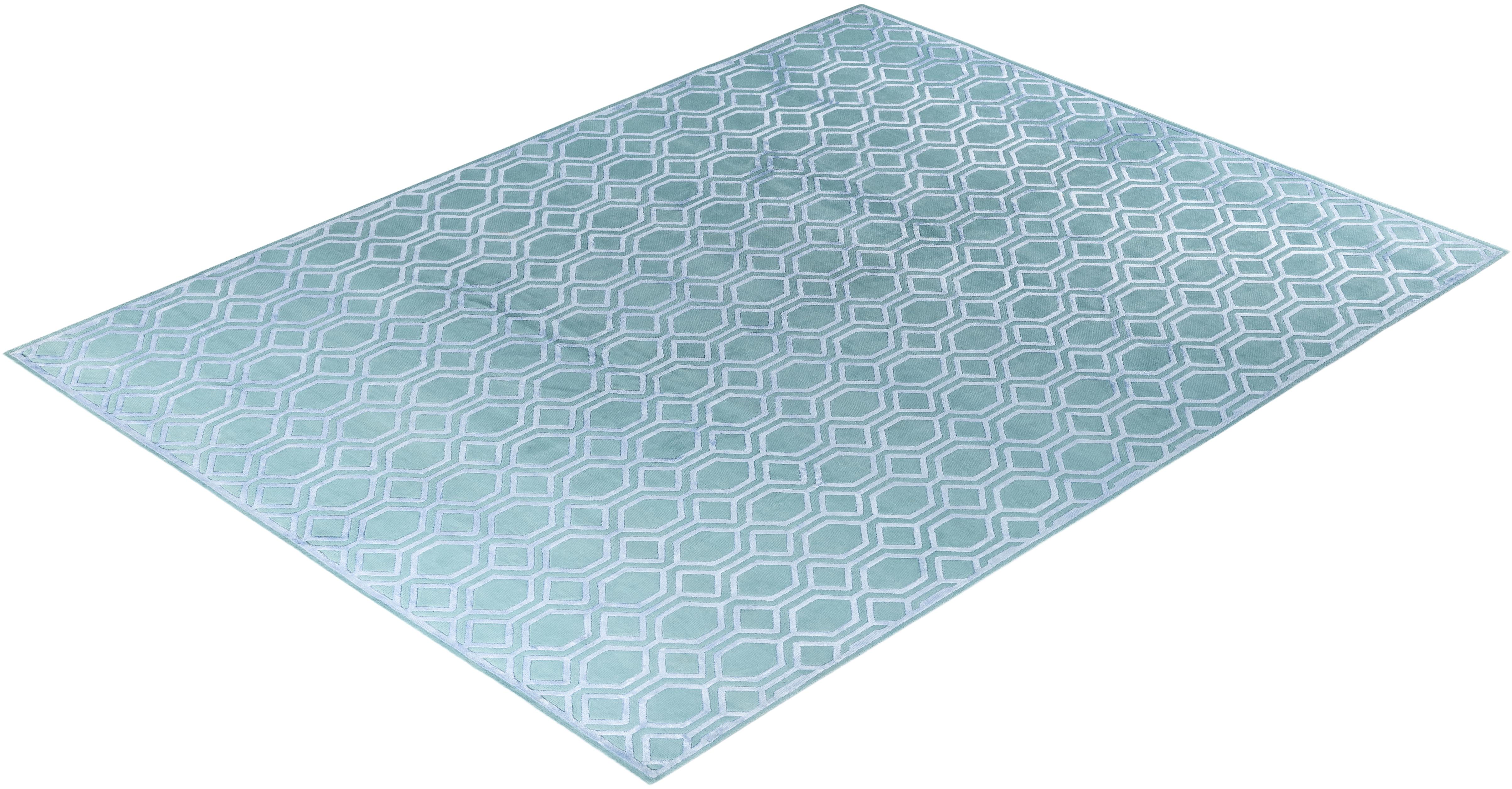 Contemporary Modern Hand Knotted Geometric Silk & Wool Blue Area Rug 9'3
