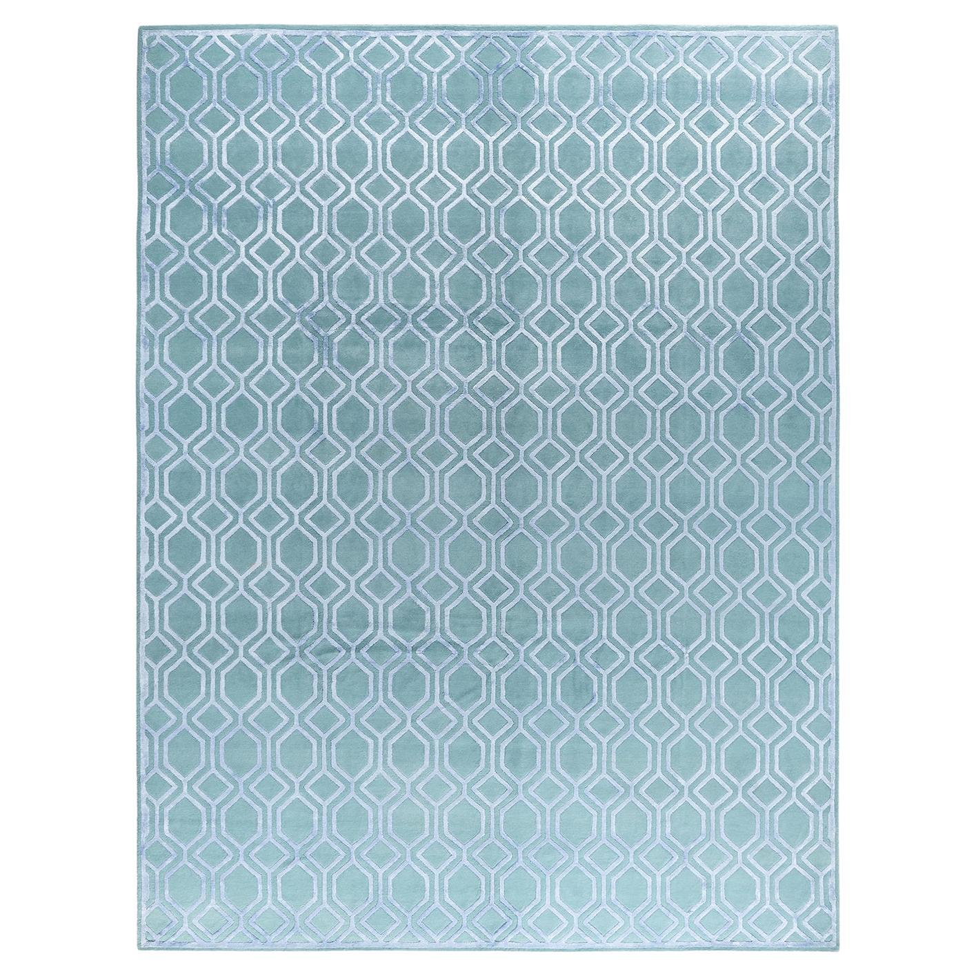 Contemporary Modern Hand Knotted Geometric Silk & Wool Blue Area Rug 9'3" x12'1" For Sale