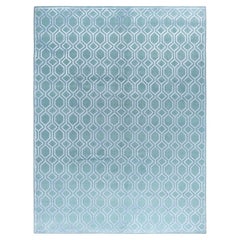 Contemporary Modern Hand Knotted Geometric Silk & Wool Blue Area Rug 9'3" x12'1"