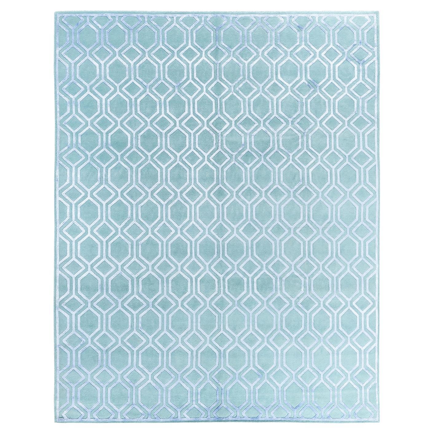 Contemporary Modern Hand Knotted Geometric Silk & Wool Green Area Rug 8'1"x9'10"