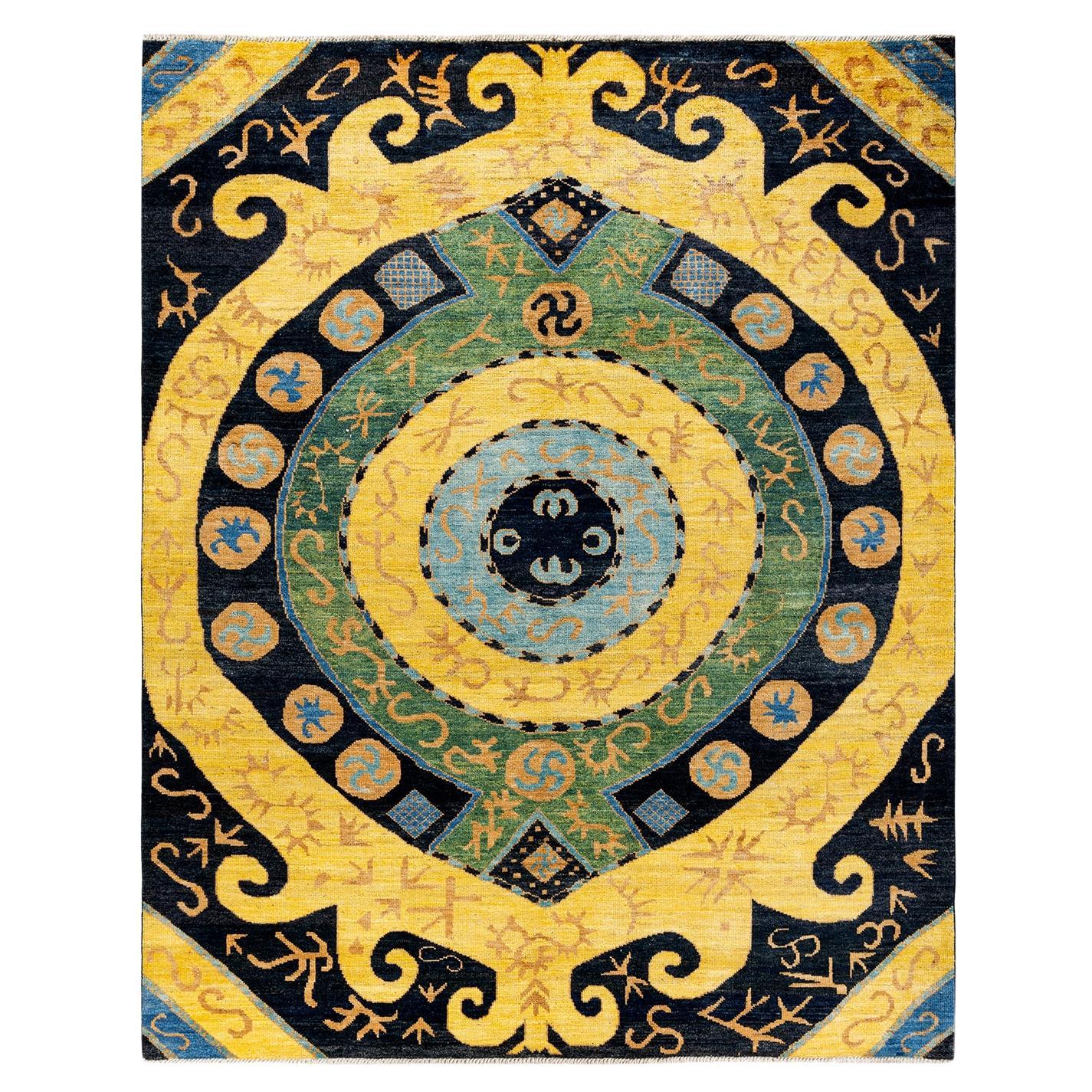 Contemporary Modern Hand Knotted Wool Black Area Rug For Sale