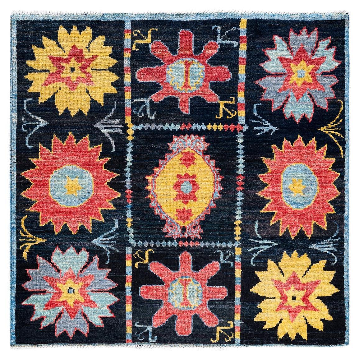 Contemporary Modern Hand Knotted Wool Black Square Area Rug