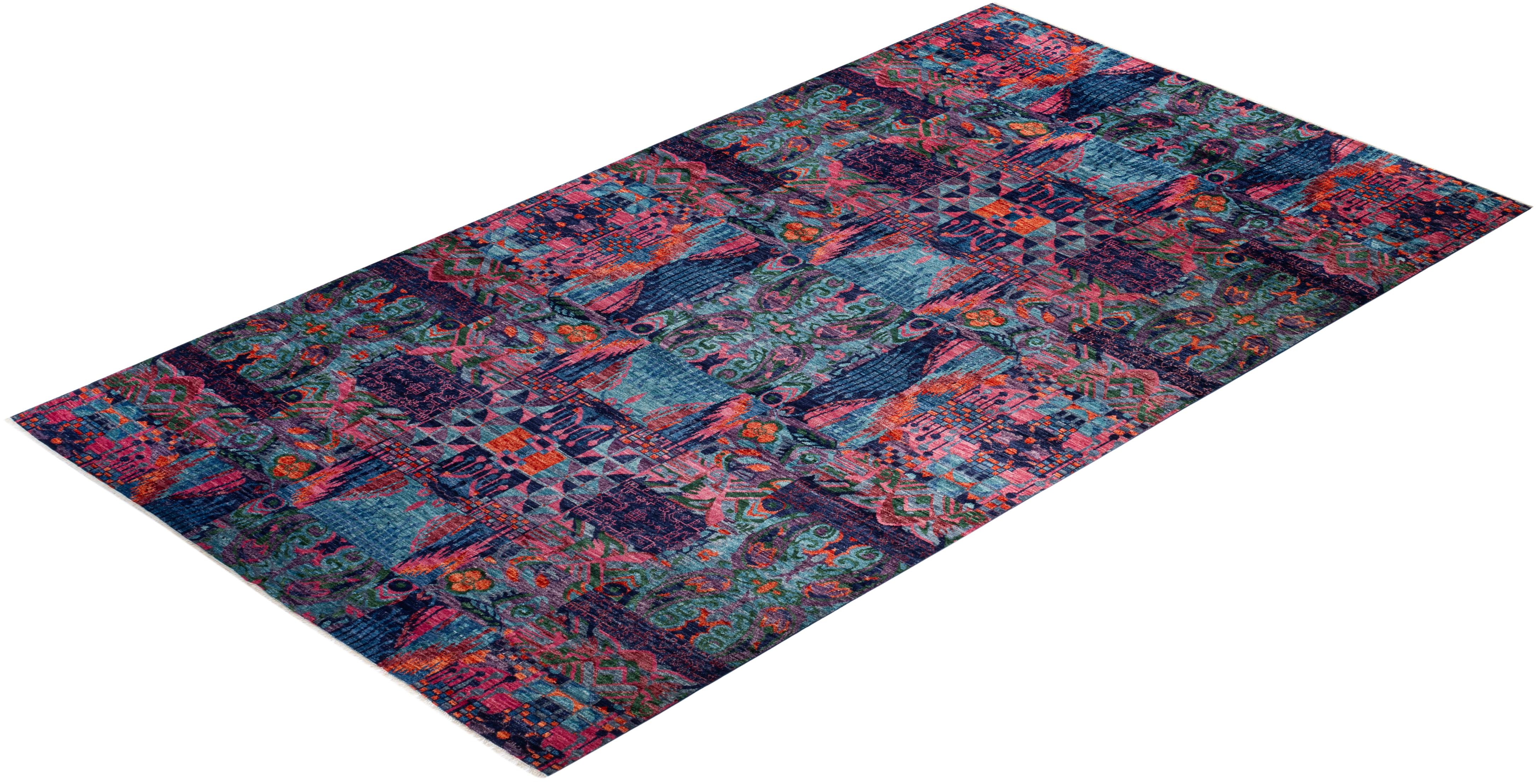 Alfombra moderna contemporánea de lana anudada a mano azul en venta 2