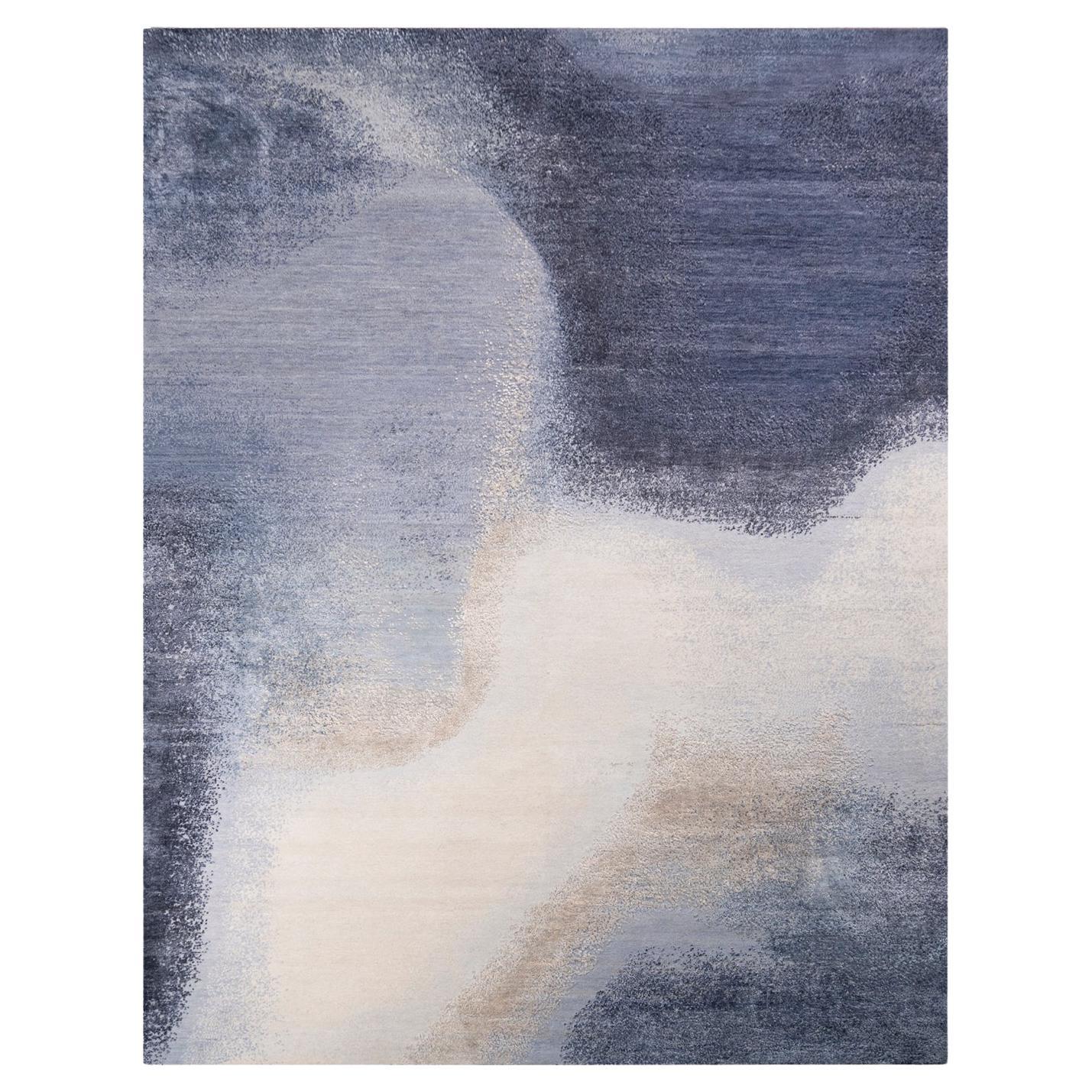 Contemporary Modern Hand Knotted Wool Blue Area Rug For Sale