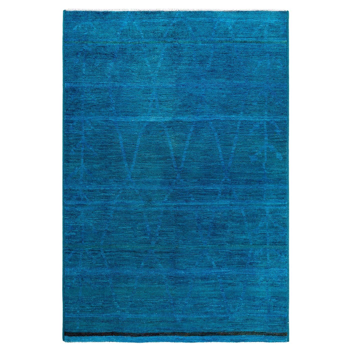 Contemporary Modern Handknotted Wool Blue Area Rug im Angebot