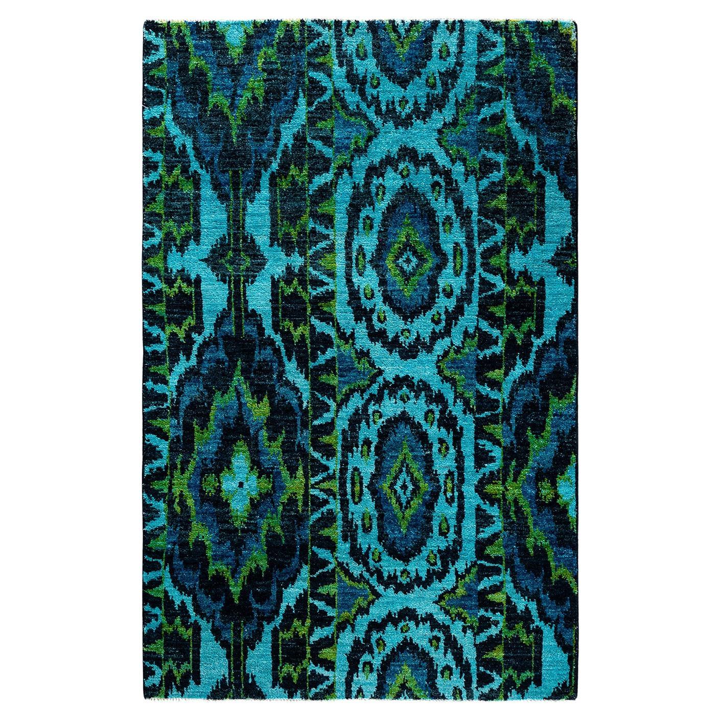 Tapis de sol contemporain moderne en laine nouée à la main bleu