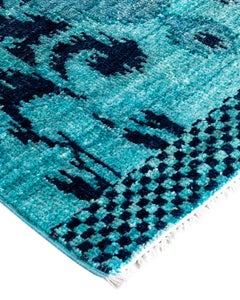 Contemporary Modern Hand Knotted Wool Blue Runner 2' 6" x 10' 5"