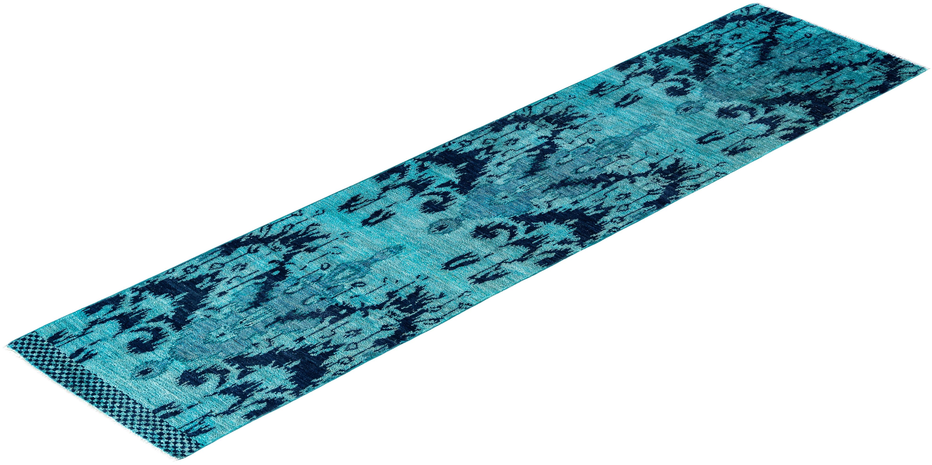 Runner moderno e contemporaneo in lana annodata a mano di colore blu 2' 6