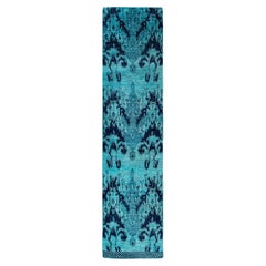 Contemporary Modern Hand Knotted Wool Blue Runner 2' 6" x 10' 5"
