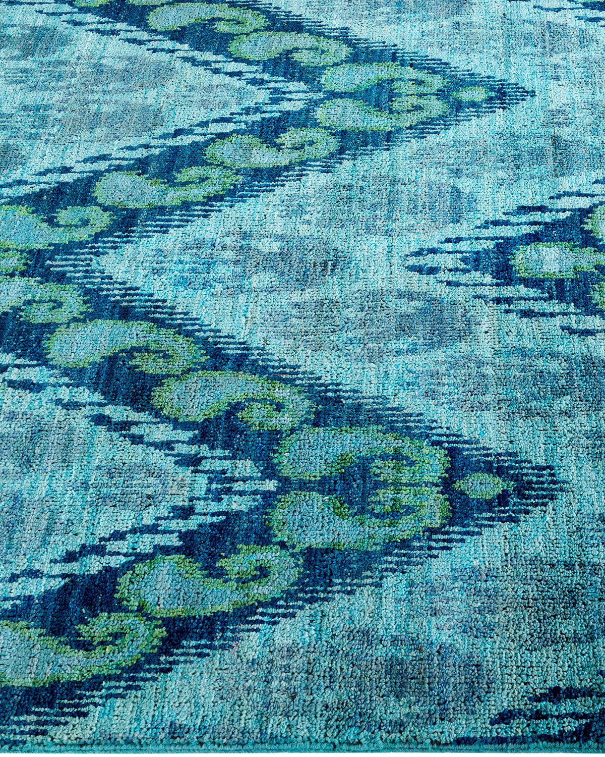 Tapis de course bleu en laine nouée à la main Contemporary Modernity 4' 1