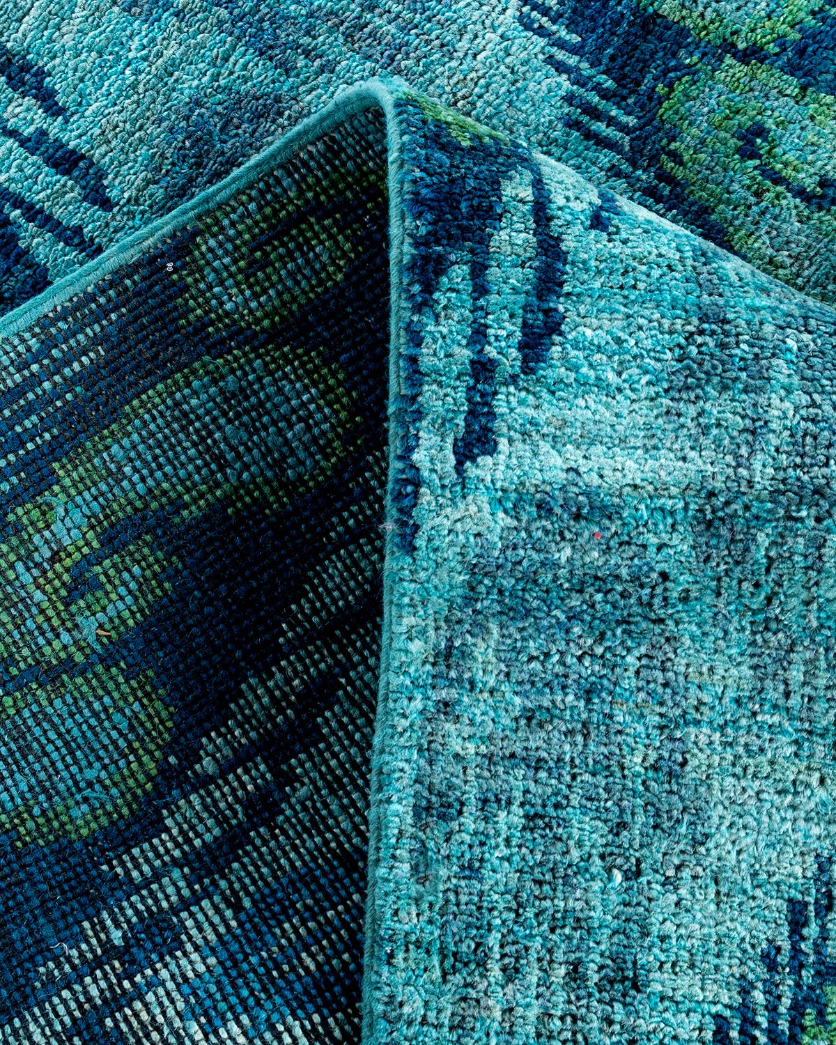 Laine Tapis de course bleu en laine nouée à la main Contemporary Modernity 4' 1