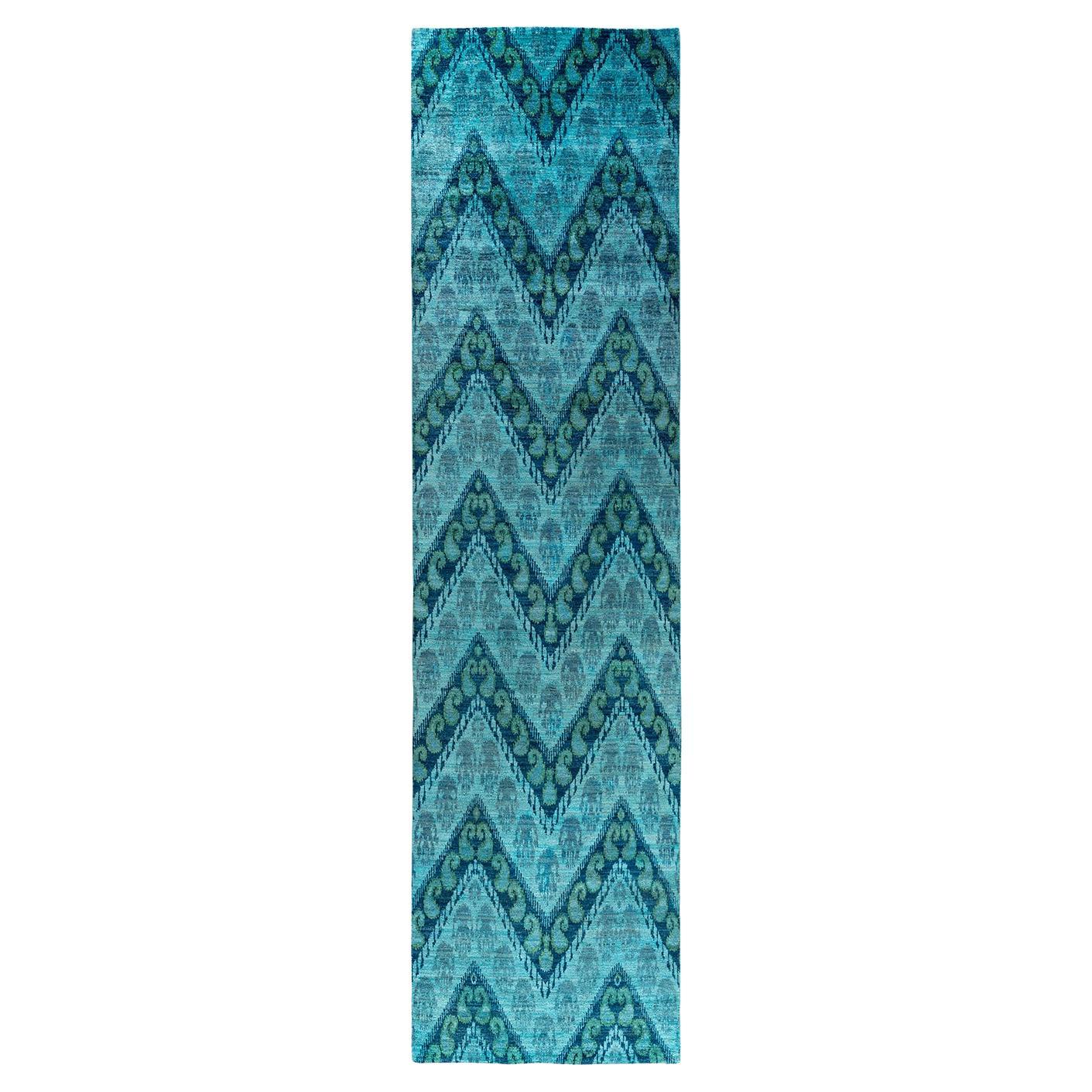 Runner moderno e contemporaneo in lana annodata a mano di colore blu 4' 1" x 16' 4".