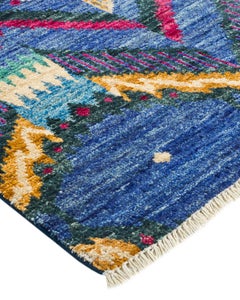 Contemporary Modern Hand Knotted Wool Blue Runner